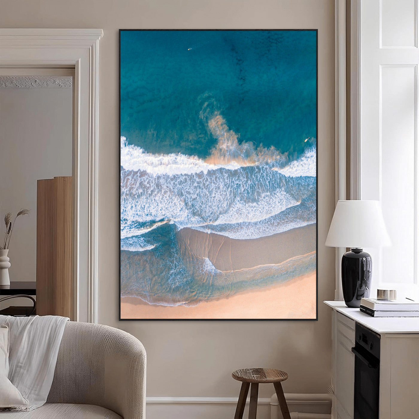 97740681-MGV-CV-24X36-Aerial Beach View Wall Art Canvas Print – Framed Ocean Waves Coastal Serenity Minimalist Seascape Artwork for Home, Office