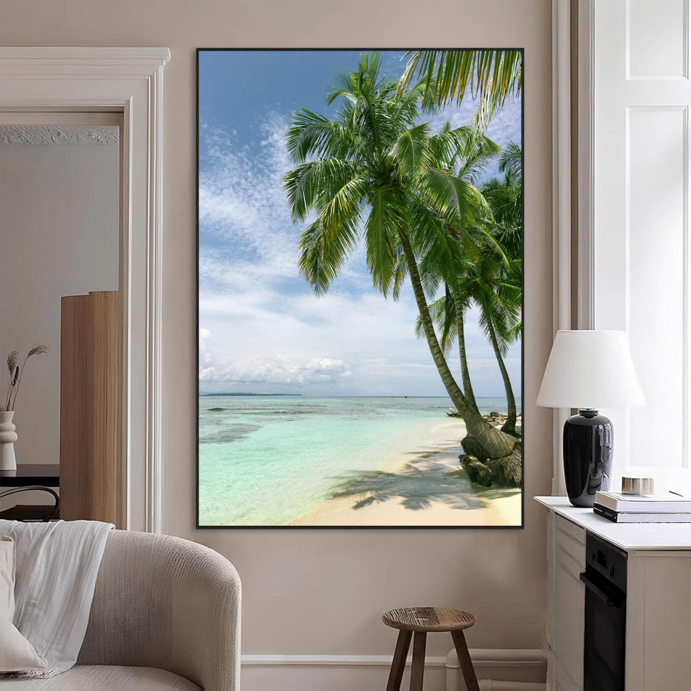 80489589-MGV-CV-24X36-Tropical Beach Palm Trees Canvas Print – Framed Island Coastal Wall Art Bright Ocean Horizon Photography for Home, Office