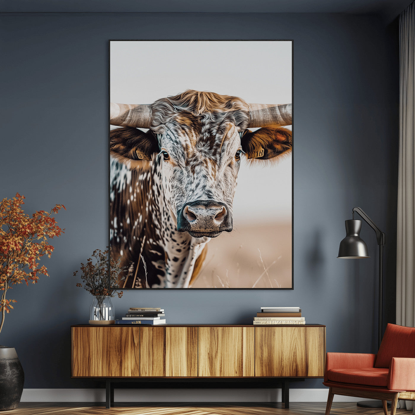 -Texas Longhorn Wall Art Canvas Print, Framed Speckled Cow Art Picture Print, Horned Bull Perfect Rustic Western Decor Artwork