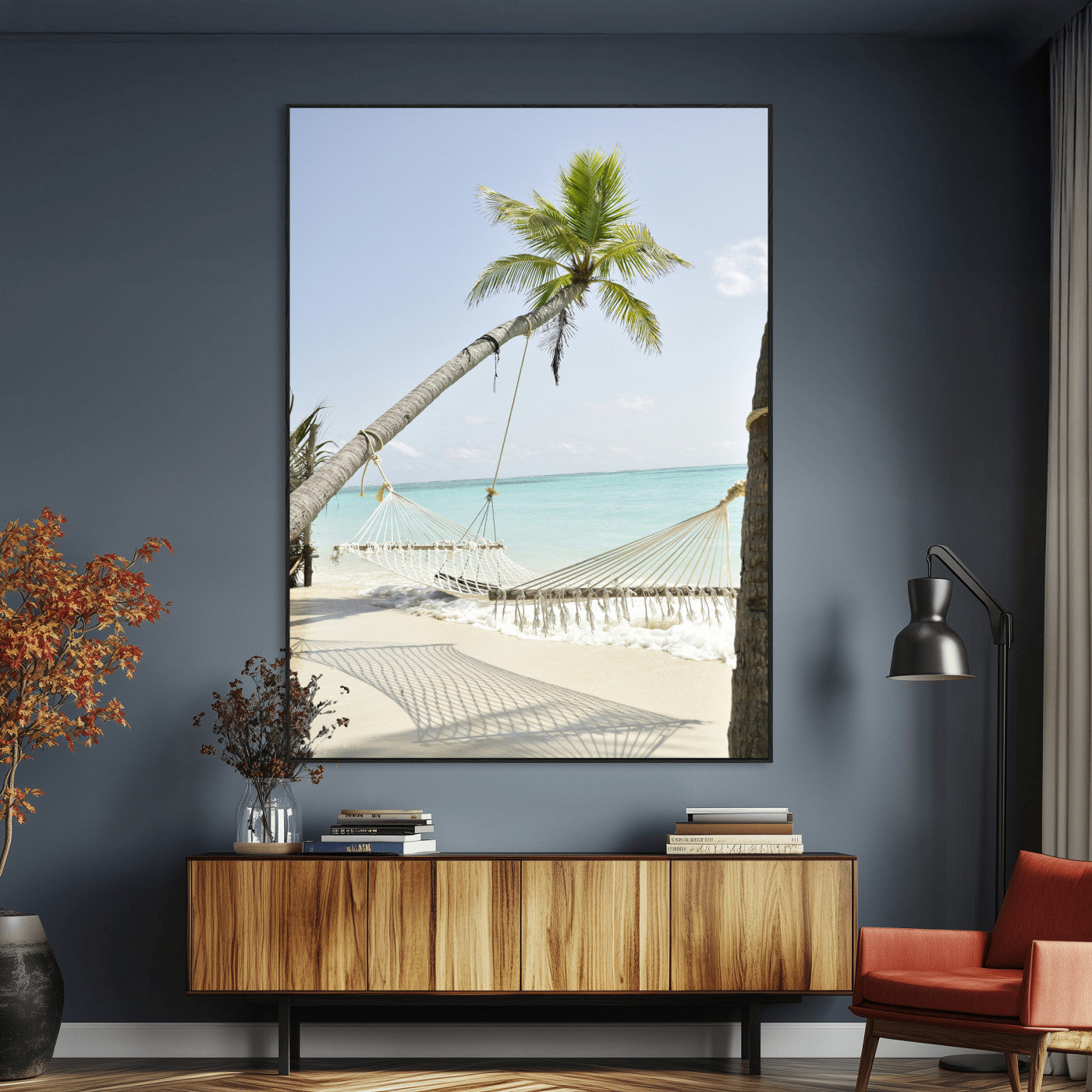 39927211-MGV-CV-24X36-Beach Hammock Wall Art Canvas Print – Framed Tropical Paradise Coastal Serenity Artwork for Home Office