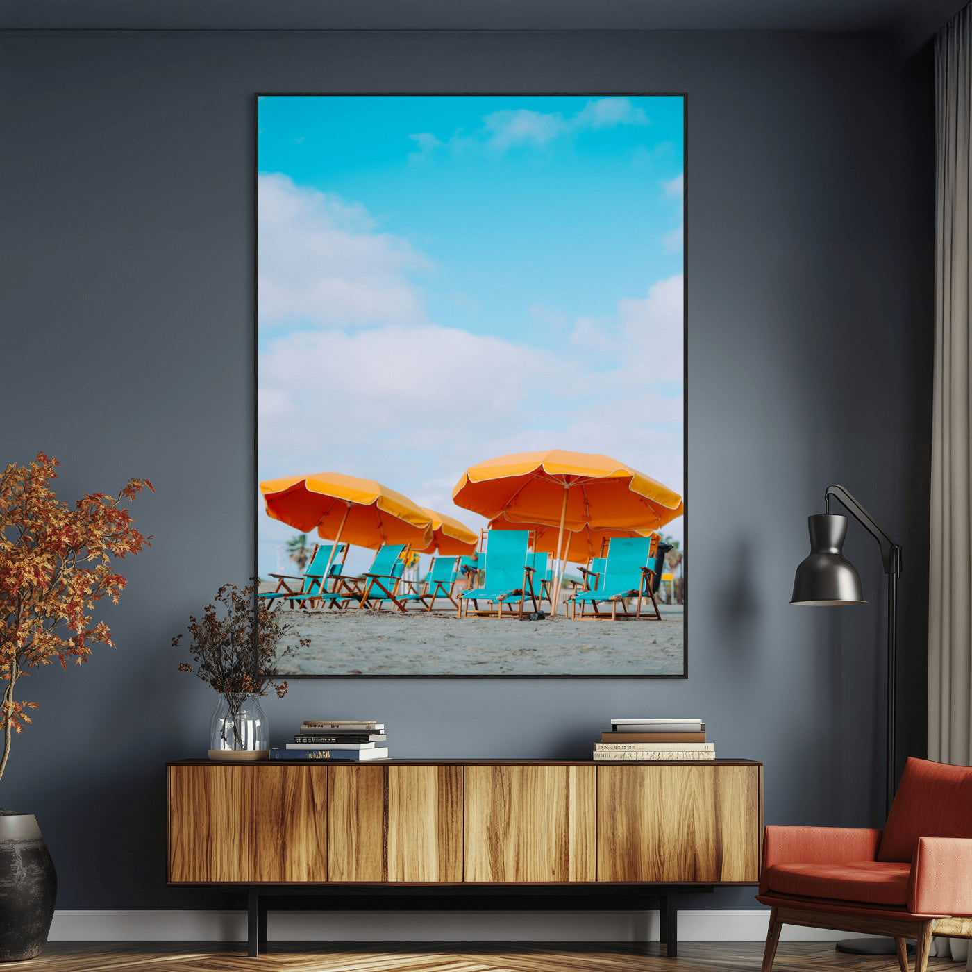 20422711-MGV-CV-24X36-Beach Umbrellas Wall Art Canvas Print – Framed Tropical Coastal Paradise Nature Scene Artwork for Home Office