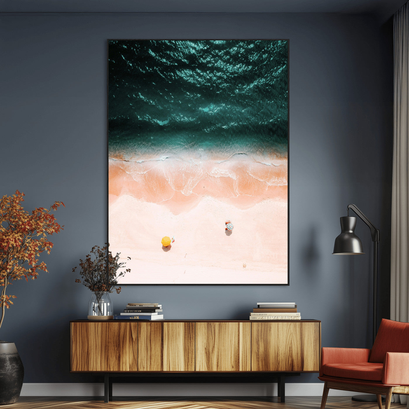 44468317-MGV-CV-24X36-Aerial Serenity Wall Art Canvas Print – Gentle Waves Peach Shore Yellow Umbrella Peaceful Beach Coastal Decor Artwork for Home