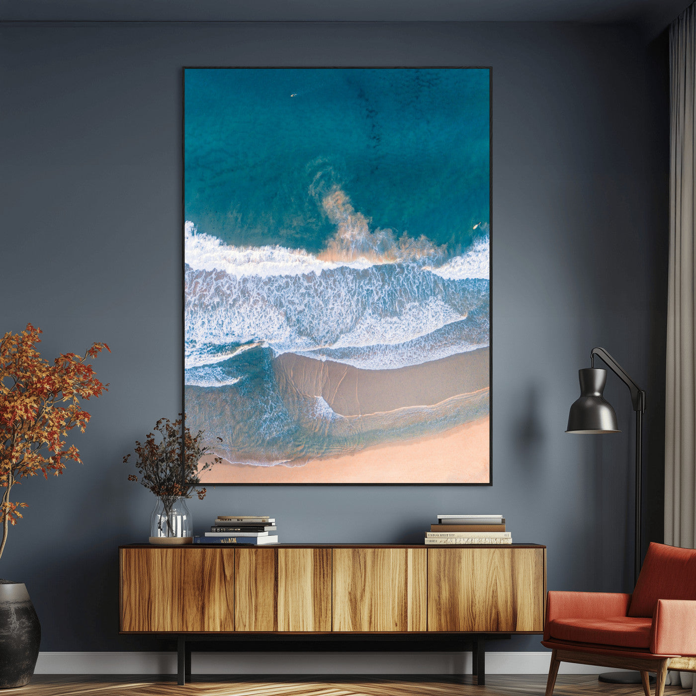 97740681-MGV-CV-24X36-Aerial Beach View Wall Art Canvas Print – Framed Ocean Waves Coastal Serenity Minimalist Seascape Artwork for Home, Office