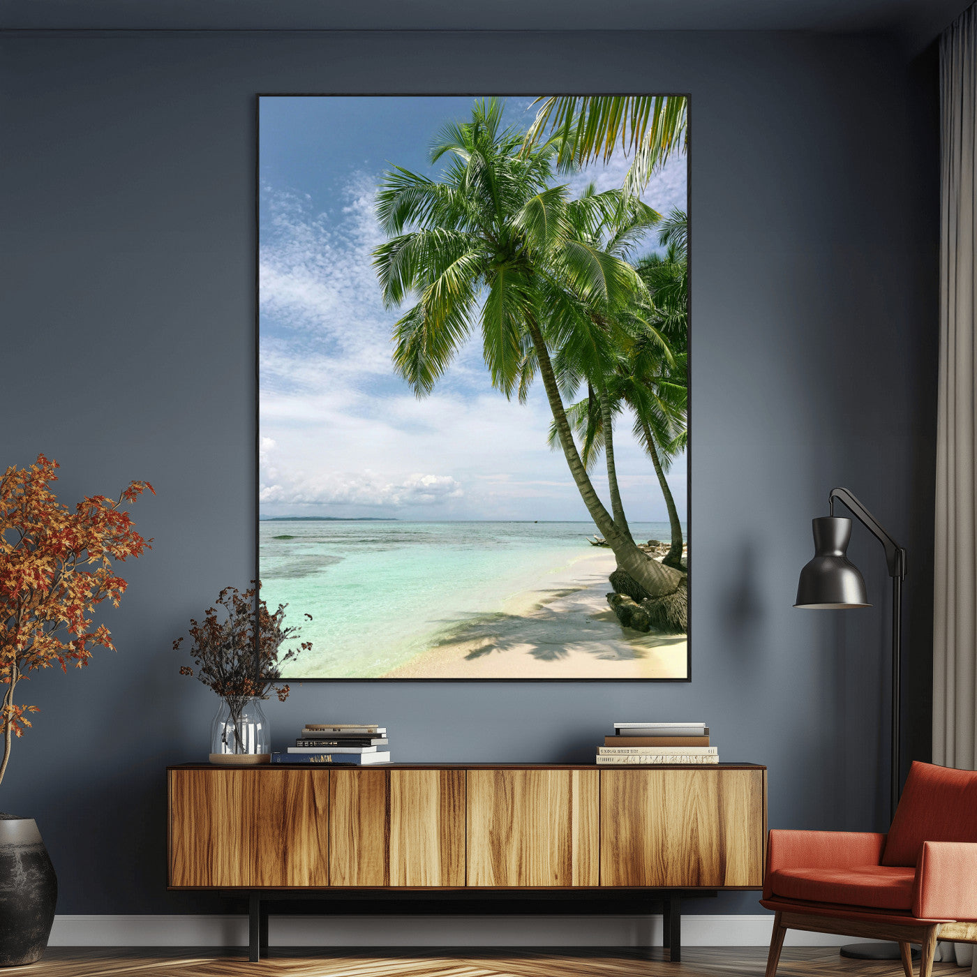 80489589-MGV-CV-24X36-Tropical Beach Palm Trees Canvas Print – Framed Island Coastal Wall Art Bright Ocean Horizon Photography for Home, Office