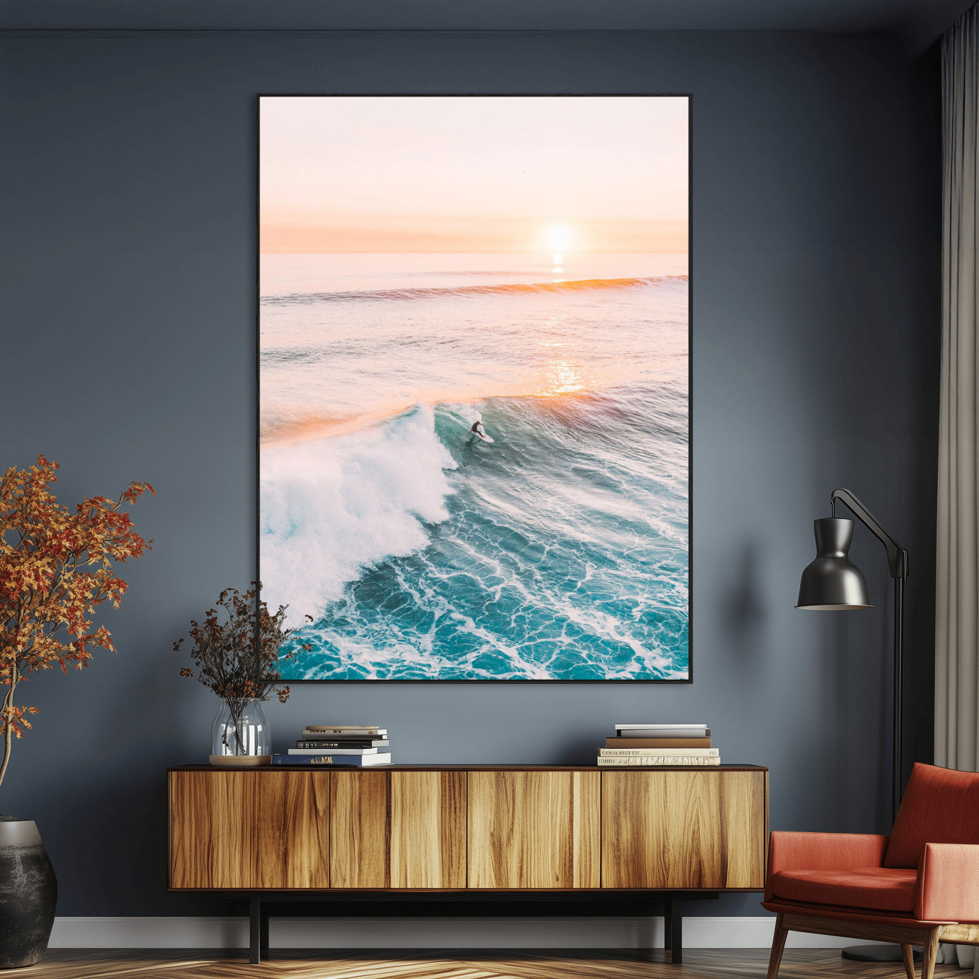 SEG-FC-51X34_Oversize - Sunset Surfing Canvas Wall Art – Framed Ocean Wave Surf Scene, Large Coastal Canvas for Beach House,