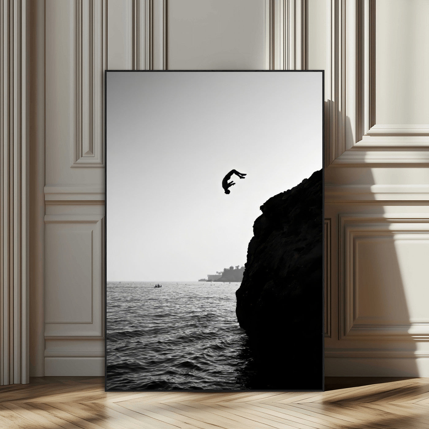99497106-MGV-CV-24X36-Cliff Jumping Silhouette Wall Art Canvas Print – Framed Black White Ocean Monochrome Adventure Artwork for Home Office