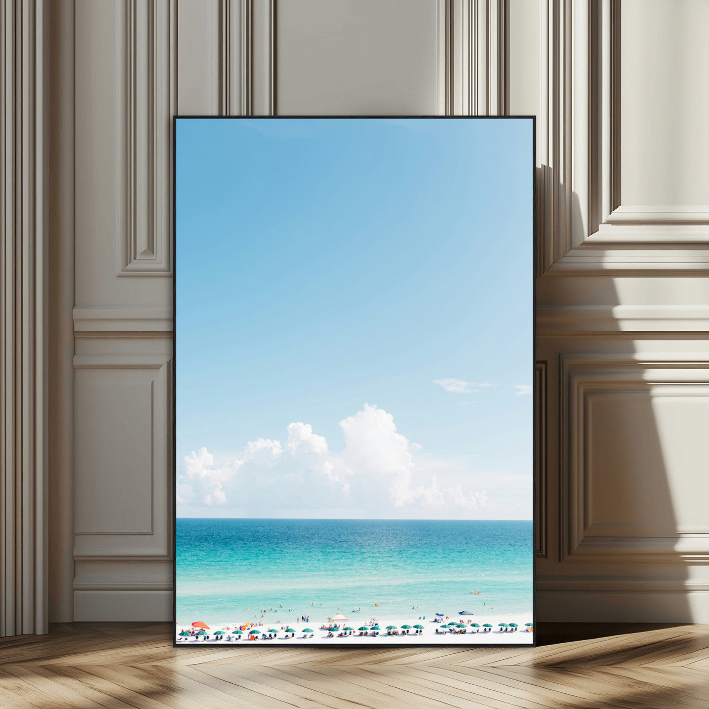 62954953-MGV-CV-24X36-Turquoise Ocean Wall Art Canvas Print – Framed Coastal Serenity White Sand Beach Artwork for Home Office