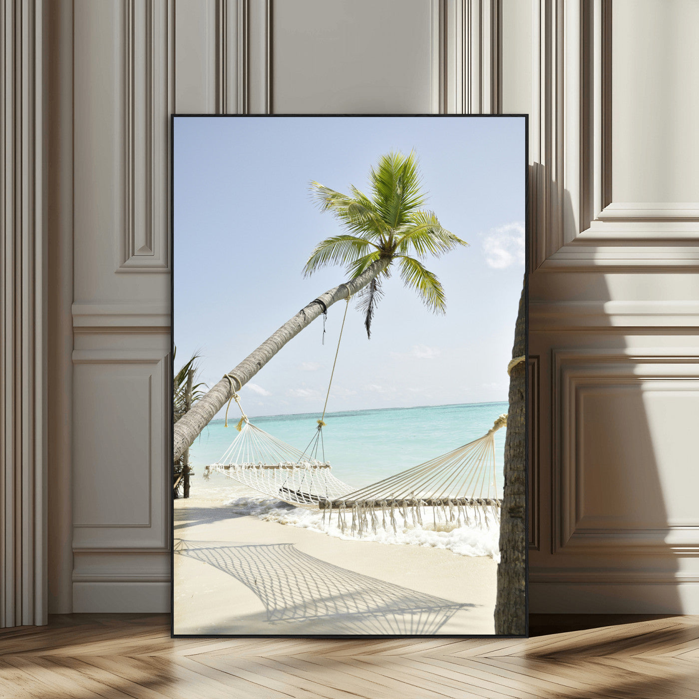 39927211-MGV-CV-24X36-Beach Hammock Wall Art Canvas Print – Framed Tropical Paradise Coastal Serenity Artwork for Home Office