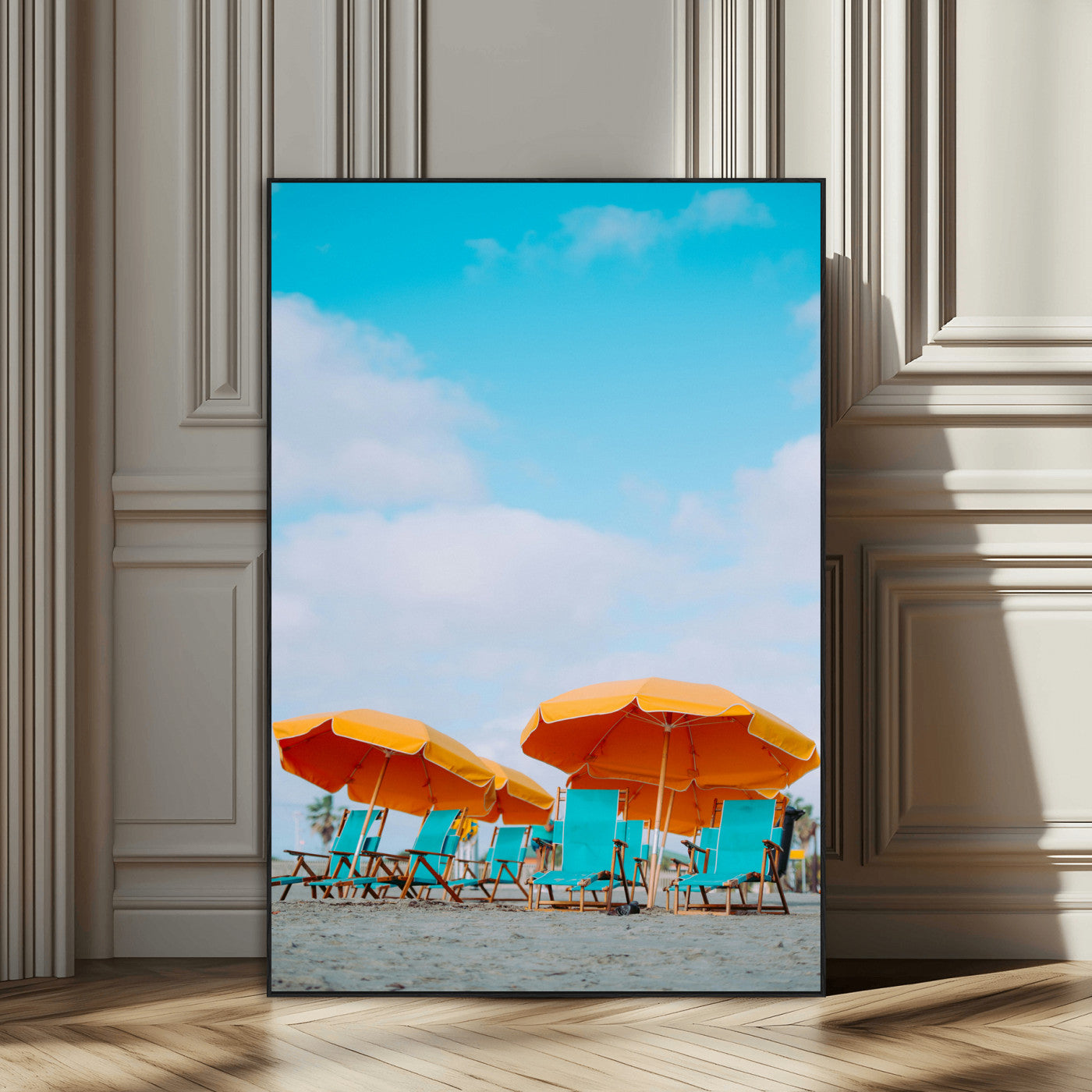 20422711-MGV-CV-24X36-Beach Umbrellas Wall Art Canvas Print – Framed Tropical Coastal Paradise Nature Scene Artwork for Home Office