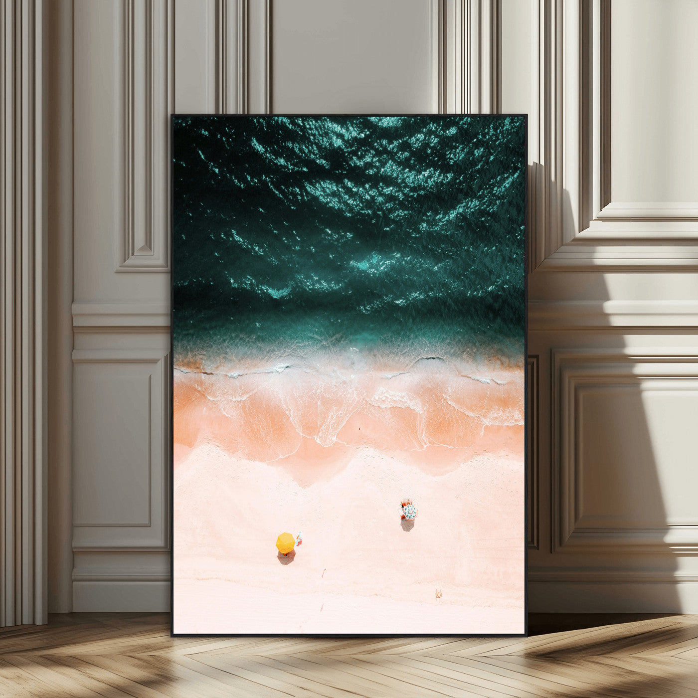 44468317-MGV-CV-24X36-Aerial Serenity Wall Art Canvas Print – Gentle Waves Peach Shore Yellow Umbrella Peaceful Beach Coastal Decor Artwork for Home