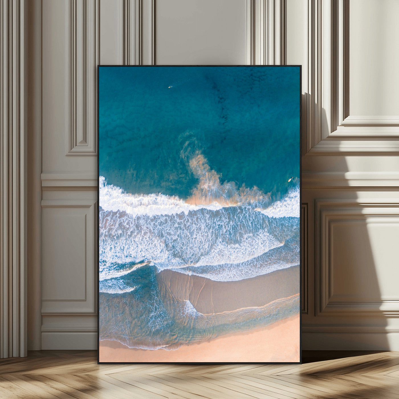97740681-MGV-CV-24X36-Aerial Beach View Wall Art Canvas Print – Framed Ocean Waves Coastal Serenity Minimalist Seascape Artwork for Home, Office