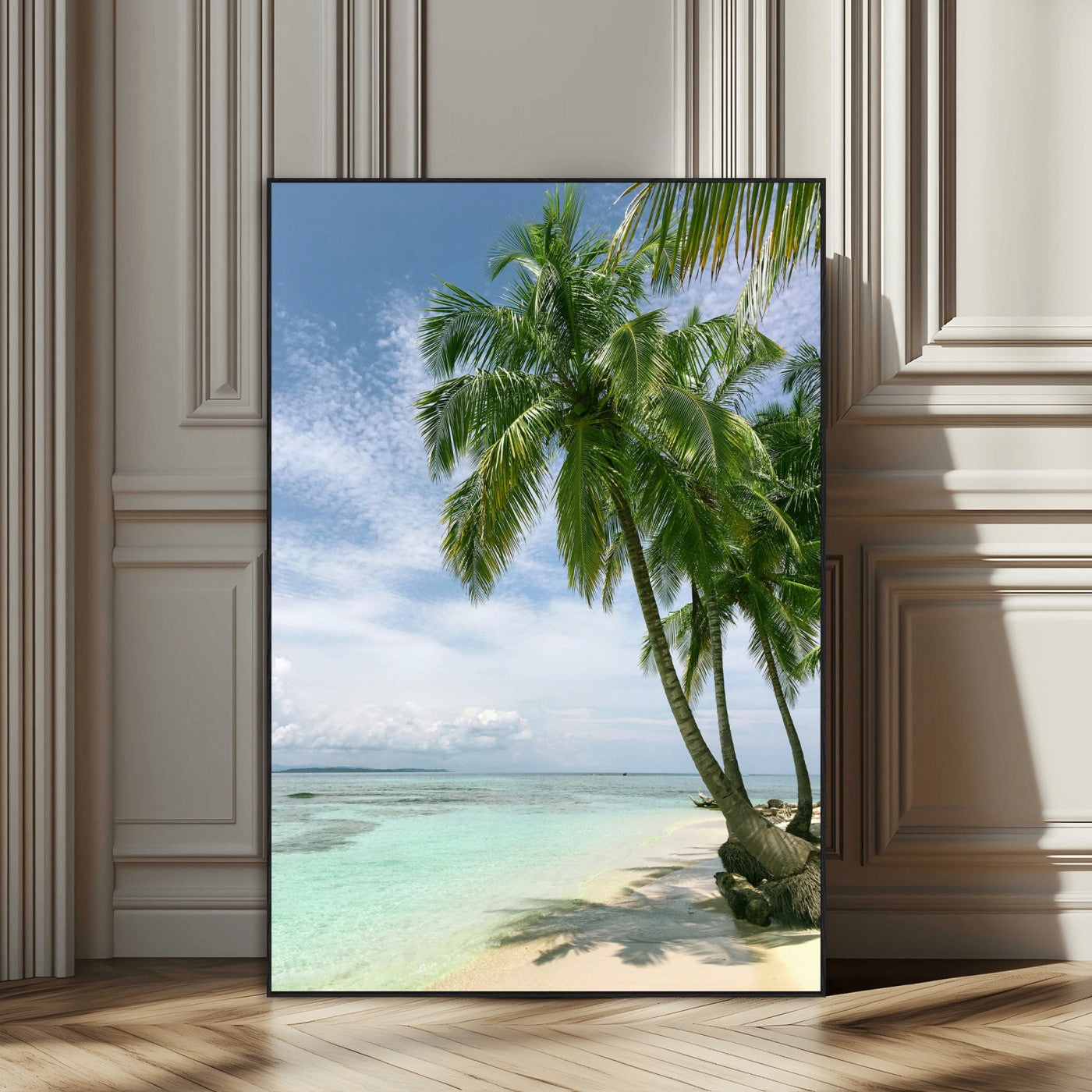 80489589-MGV-CV-24X36-Tropical Beach Palm Trees Canvas Print – Framed Island Coastal Wall Art Bright Ocean Horizon Photography for Home, Office