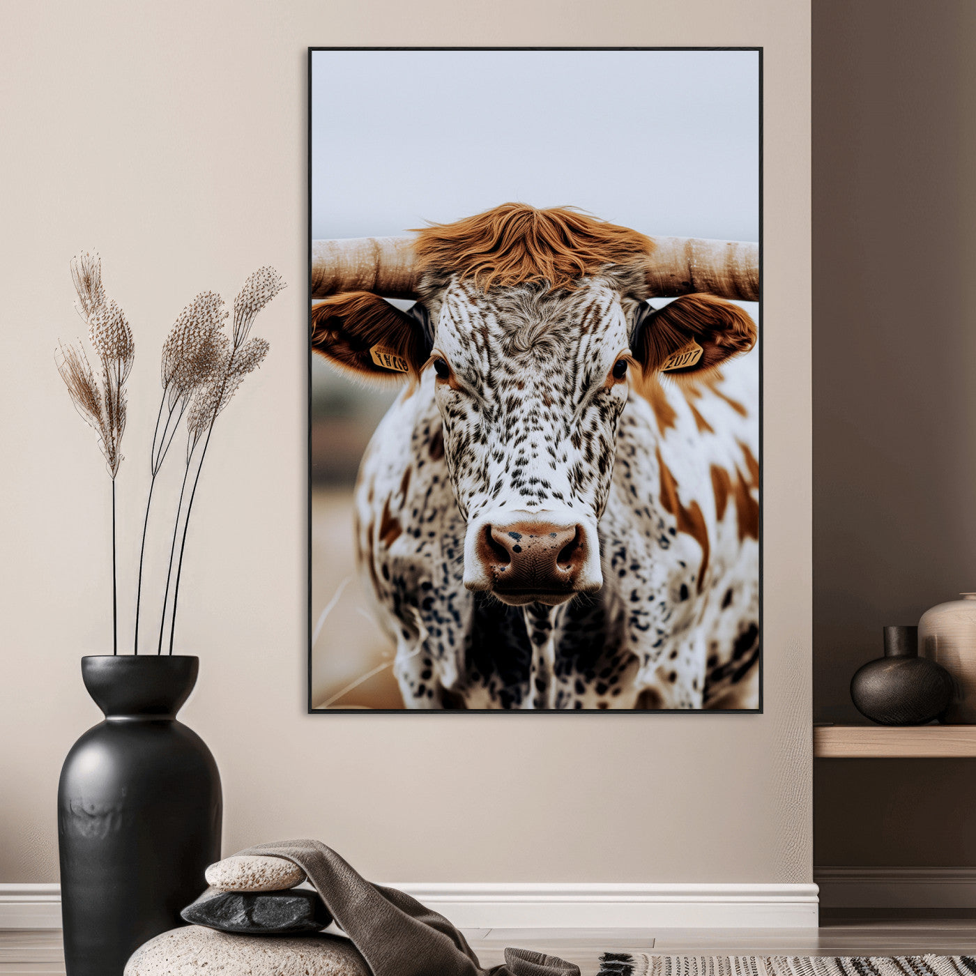 -Texas Longhorn Wall Art Canvas Print, Framed Spotted Cow Art Picture Print, Horned Cattle Perfect Rustic Western Decor Artwork