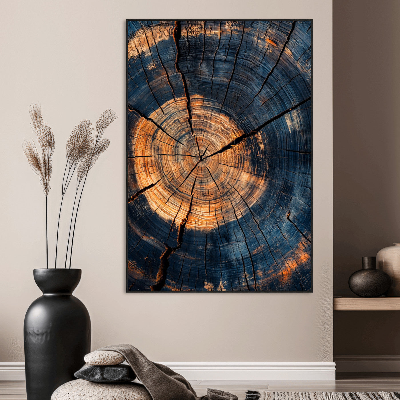 32486414-MGV-CV-24X36-Tree Rings Wall Art Canvas Print – Framed Rustic Wood Grain Texture Industrial Natural Artwork for Home Office