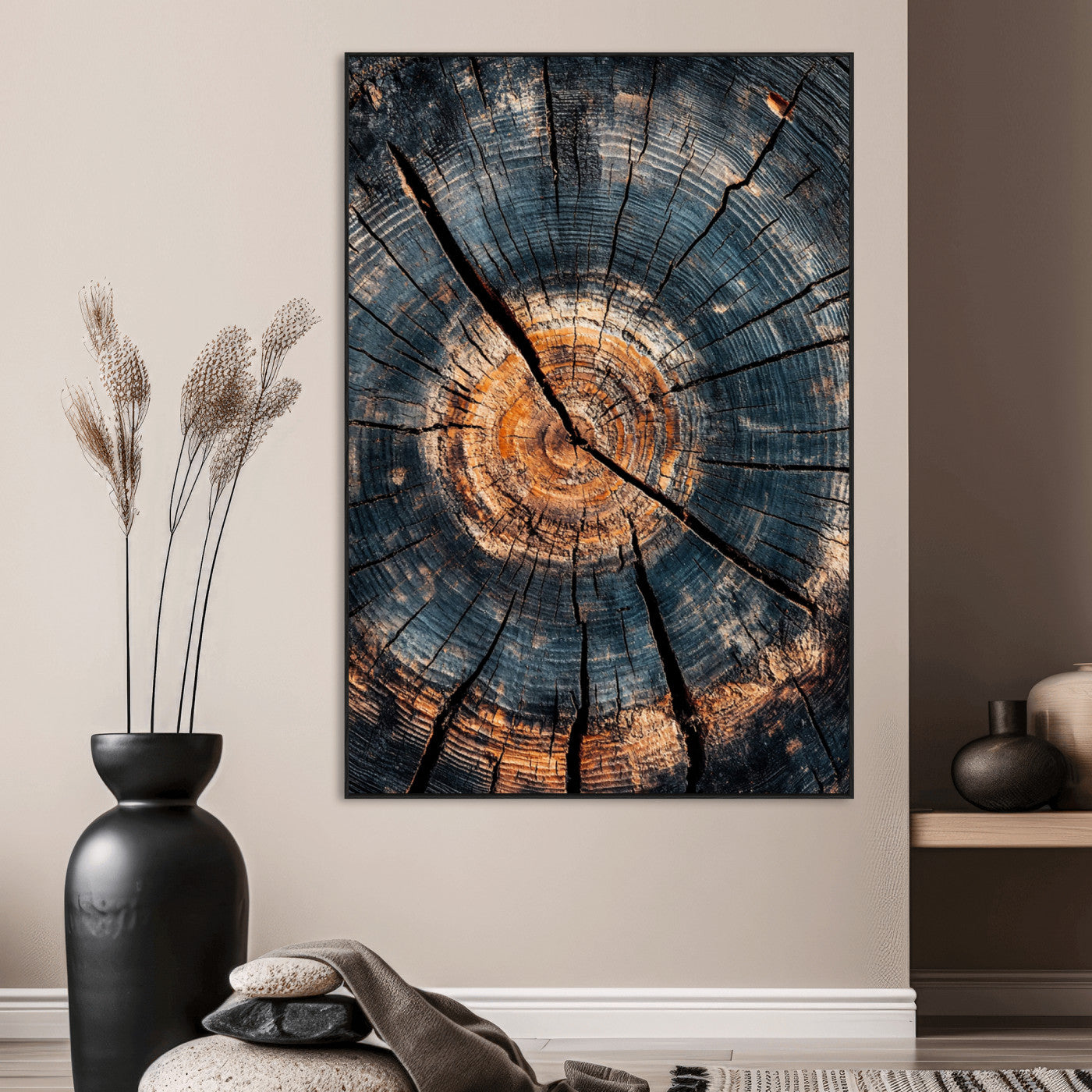 77995348-MGV-CV-24X36-Tree Rings Wall Art Canvas Print – Framed Rustic Wood Scene with Natural Texture Artwork for Home, Office