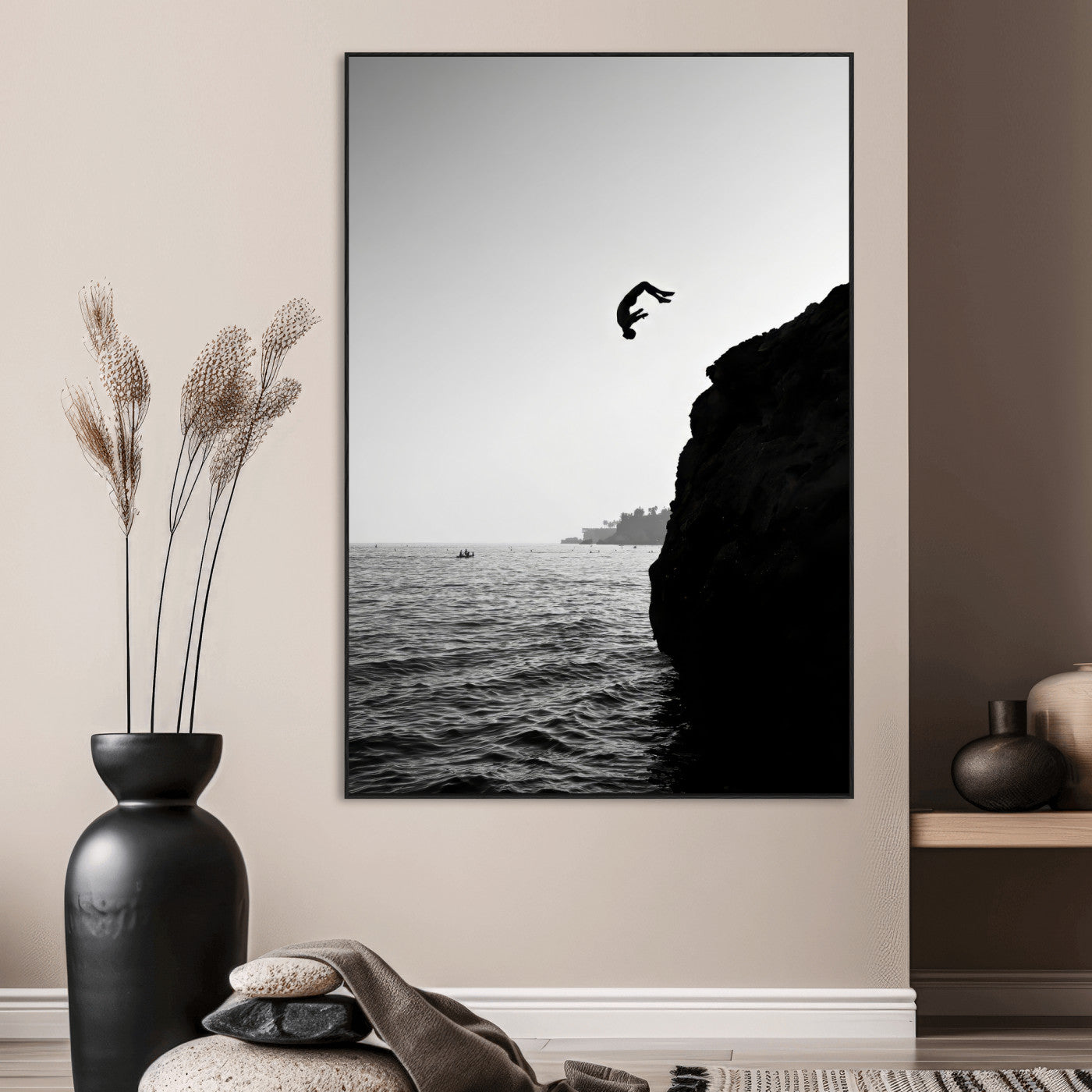 99497106-MGV-CV-24X36-Cliff Jumping Silhouette Wall Art Canvas Print – Framed Black White Ocean Monochrome Adventure Artwork for Home Office