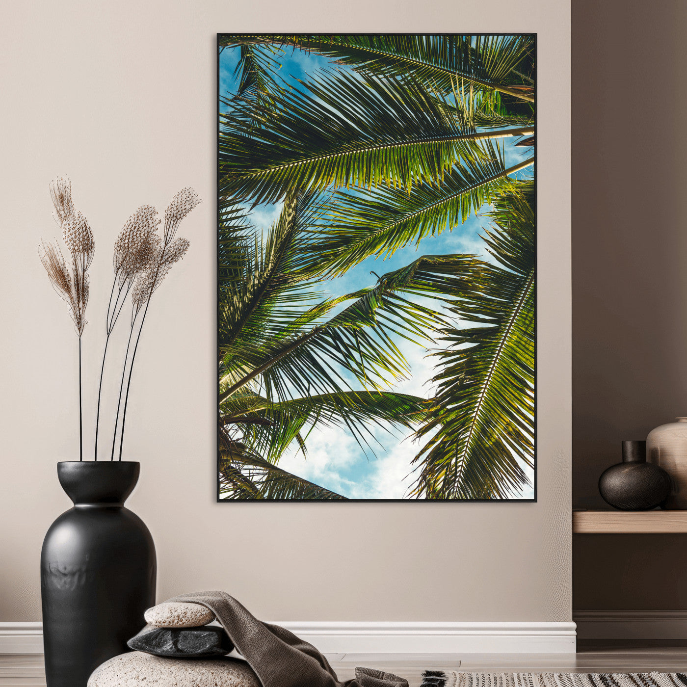 -Palm Leaves Wall Art Canvas Print – Framed Tropical Vibes Green Foliage Nature Scene Artwork for Home Office