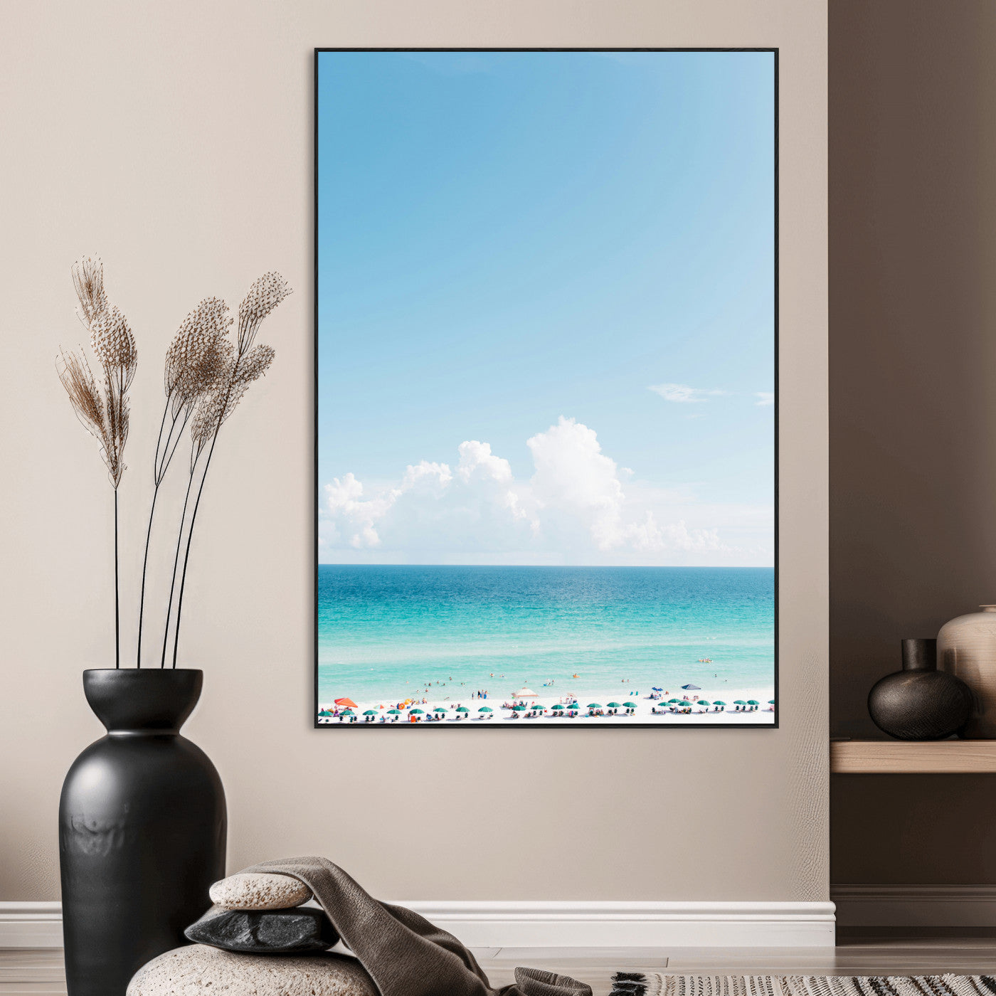 62954953-MGV-CV-24X36-Turquoise Ocean Wall Art Canvas Print – Framed Coastal Serenity White Sand Beach Artwork for Home Office