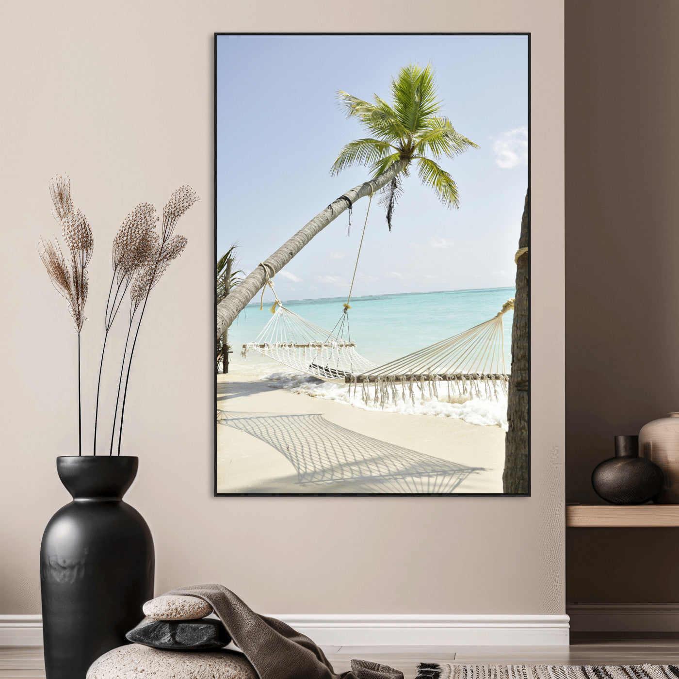 39927211-MGV-CV-24X36-Beach Hammock Wall Art Canvas Print – Framed Tropical Paradise Coastal Serenity Artwork for Home Office