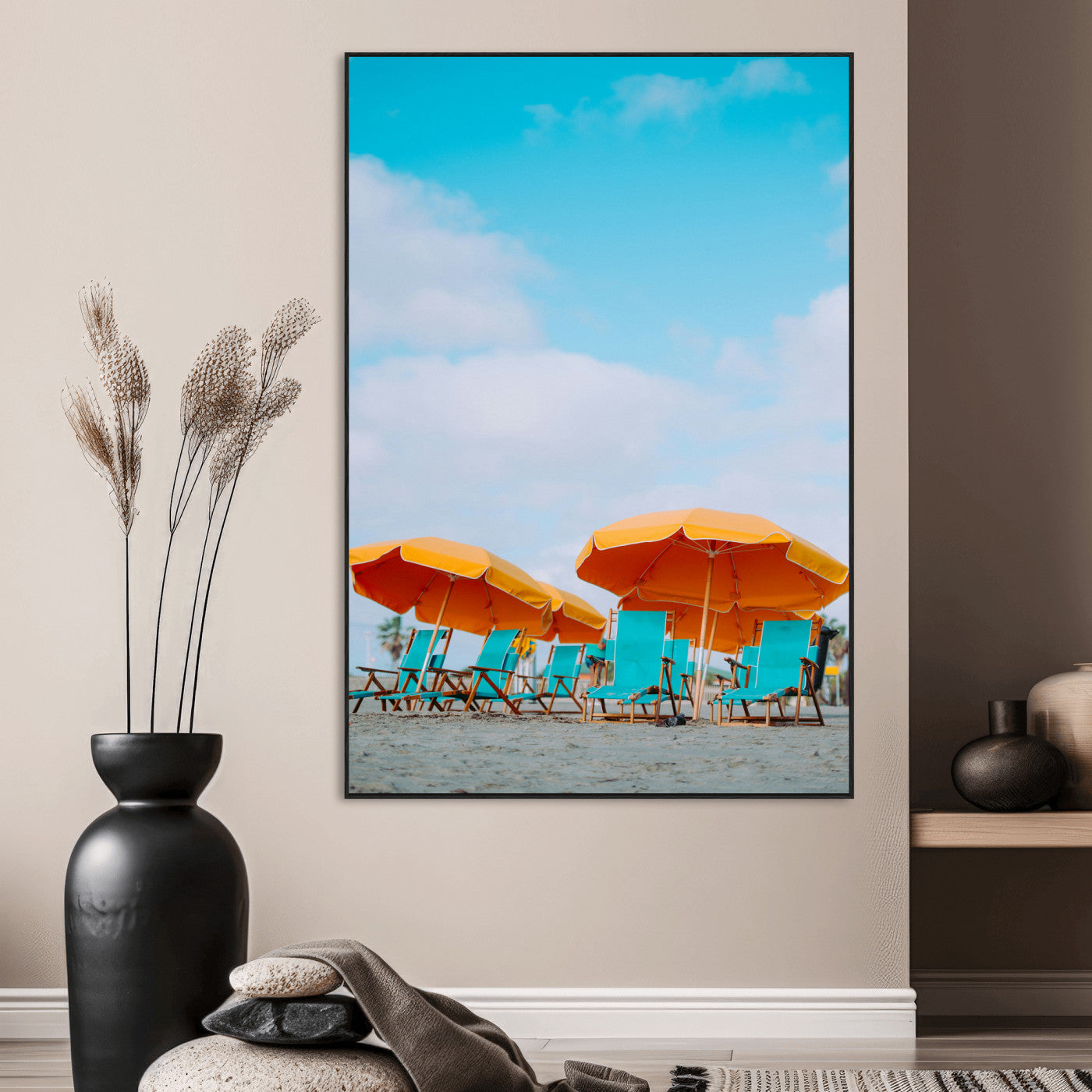 20422711-MGV-CV-24X36-Beach Umbrellas Wall Art Canvas Print – Framed Tropical Coastal Paradise Nature Scene Artwork for Home Office