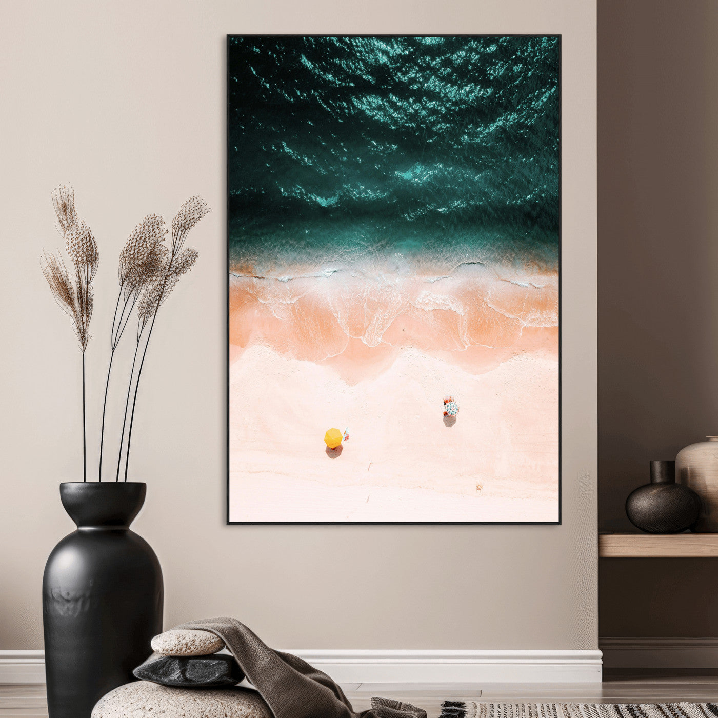 44468317-MGV-CV-24X36-Aerial Serenity Wall Art Canvas Print – Gentle Waves Peach Shore Yellow Umbrella Peaceful Beach Coastal Decor Artwork for Home
