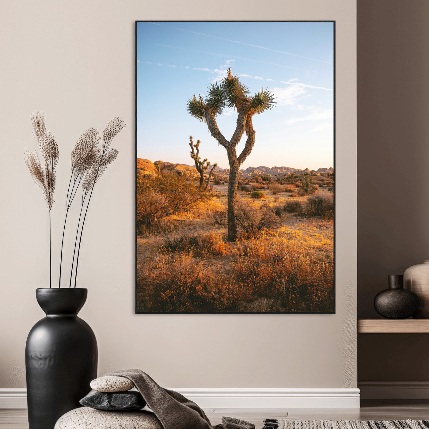 -Joshua Tree Wall Art Canvas Print, Framed Golden Hour Desert Art Picture Print, Sunset Glow Perfect Southwestern Boho Decor Artwork