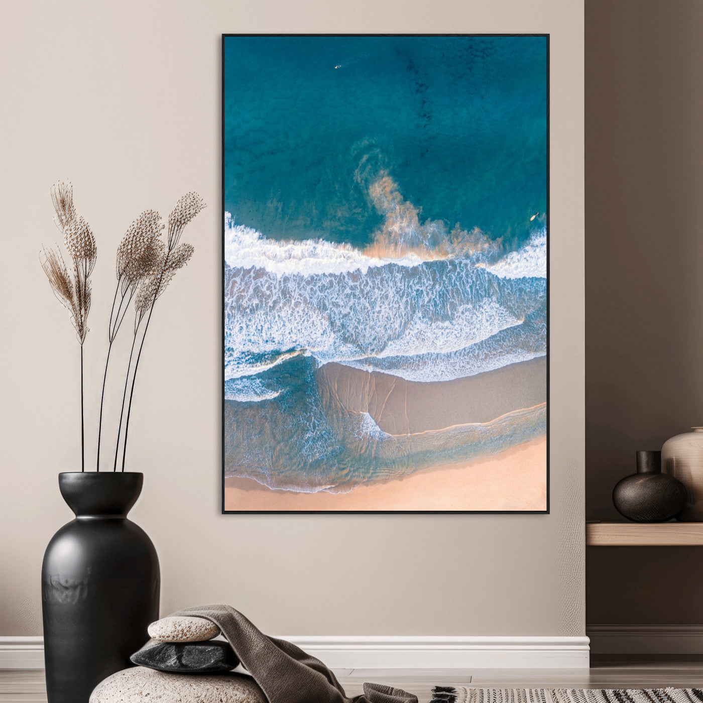 97740681-MGV-CV-24X36-Aerial Beach View Wall Art Canvas Print – Framed Ocean Waves Coastal Serenity Minimalist Seascape Artwork for Home, Office
