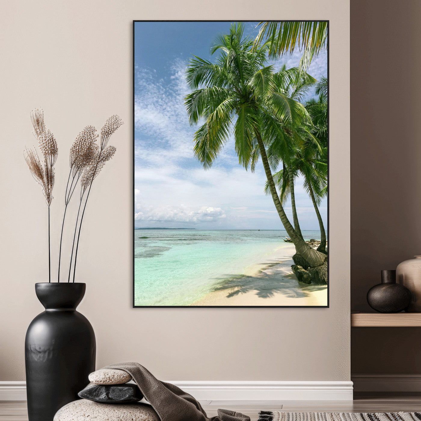 80489589-MGV-CV-24X36-Tropical Beach Palm Trees Canvas Print – Framed Island Coastal Wall Art Bright Ocean Horizon Photography for Home, Office