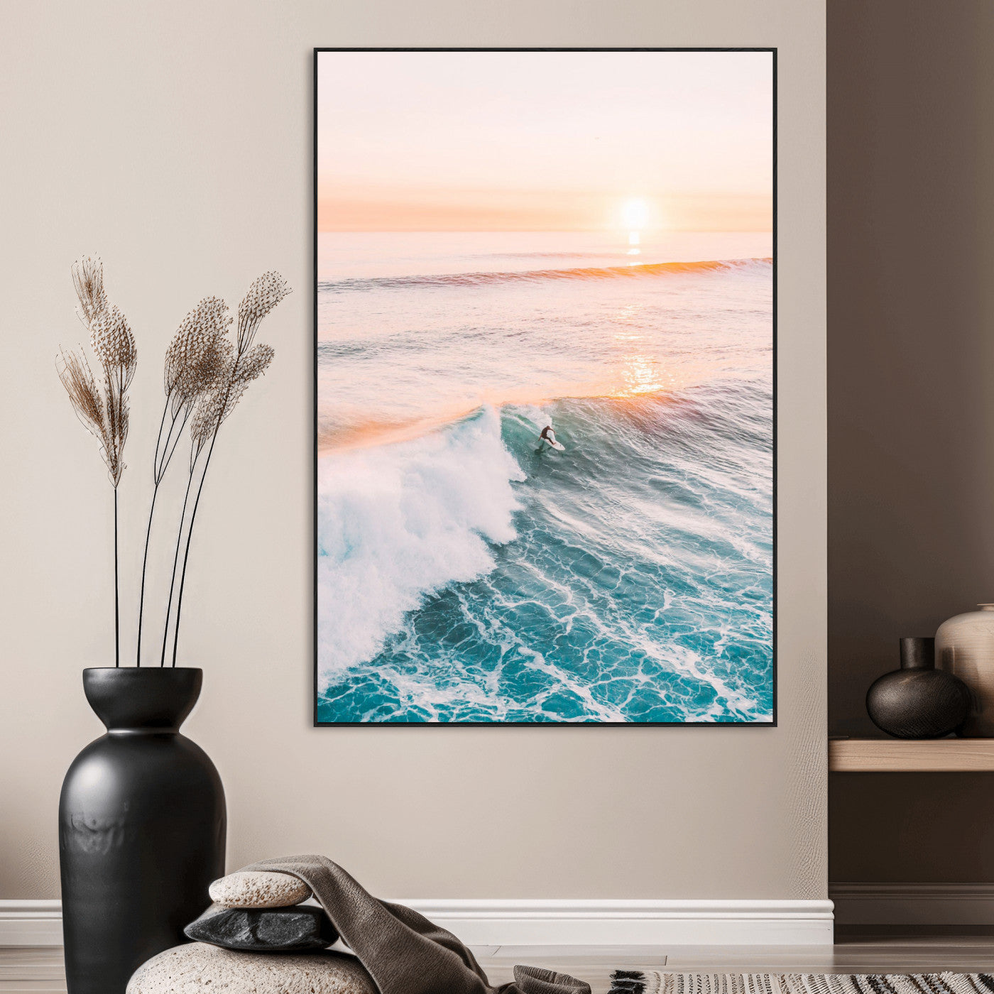 SEG-FC-51X34_Oversize - Sunset Surfing Canvas Wall Art – Framed Ocean Wave Surf Scene, Large Coastal Canvas for Beach House,