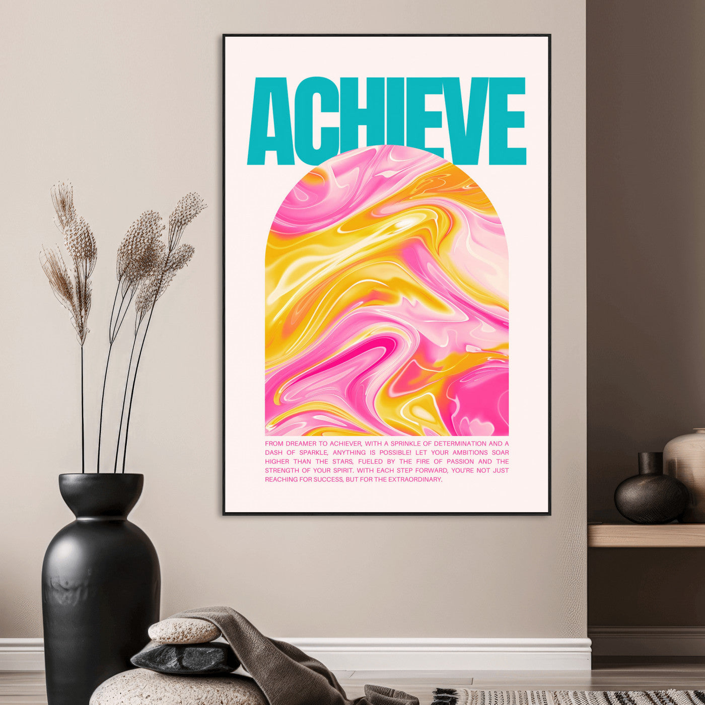 73741288-MGV-CV-24X36-Achieve Motivational Wall Art – Colorful Abstract Swirl Canvas Artwork, Inspirational Modern Print Decor for Home, Office