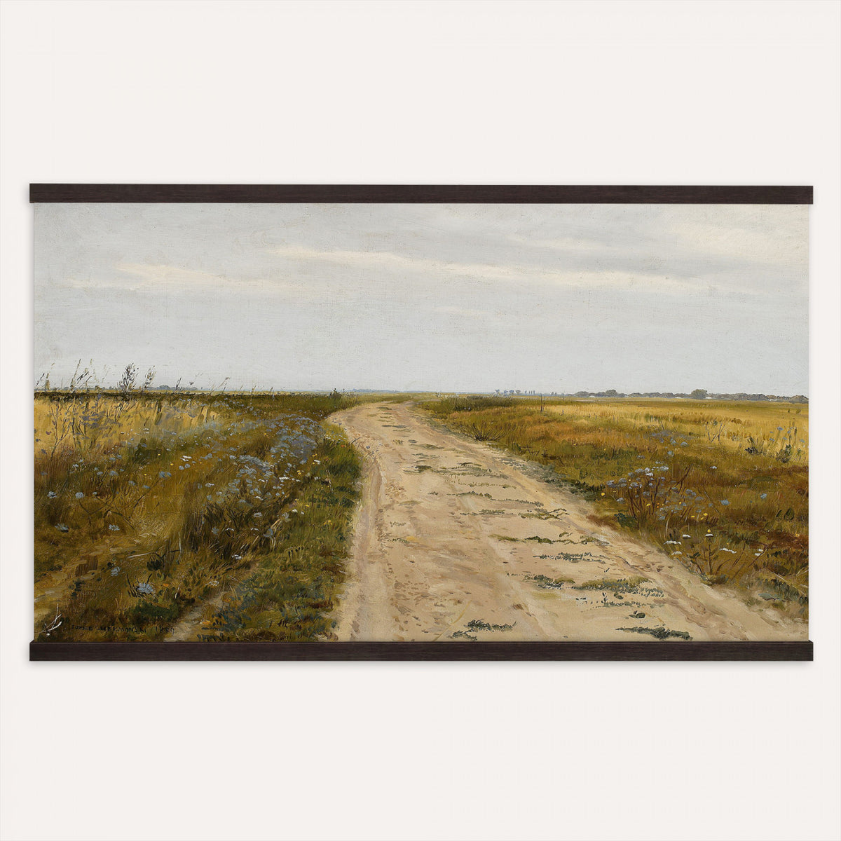 93198256-MGV-TP-30X20 - Realism oil painting tapestry wall hanging of "Field Track" by Jozef Chelmonski, showing a rutted dirt track cutting through open meadow grass toward a low horizon and a wide country sky in warm earth track tones with green meadow grass under a broad sky. Extra large wall art, made in the USA.