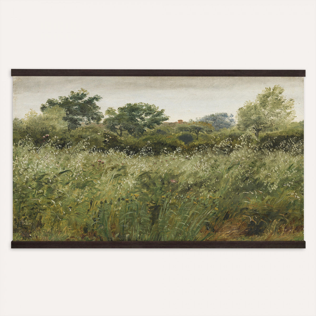 65790269-MGV-TP-30X20 - Realism oil painting tapestry wall hanging of "Field of Oats near Vejby" by Dankvart Dreyer, showing a ripe oat field bending in the breeze, with low farm buildings and a wide soft Danish sky beyond in warm golden oat tones with soft green edges under a pale wide sky. Extra large wall art, made in the USA.