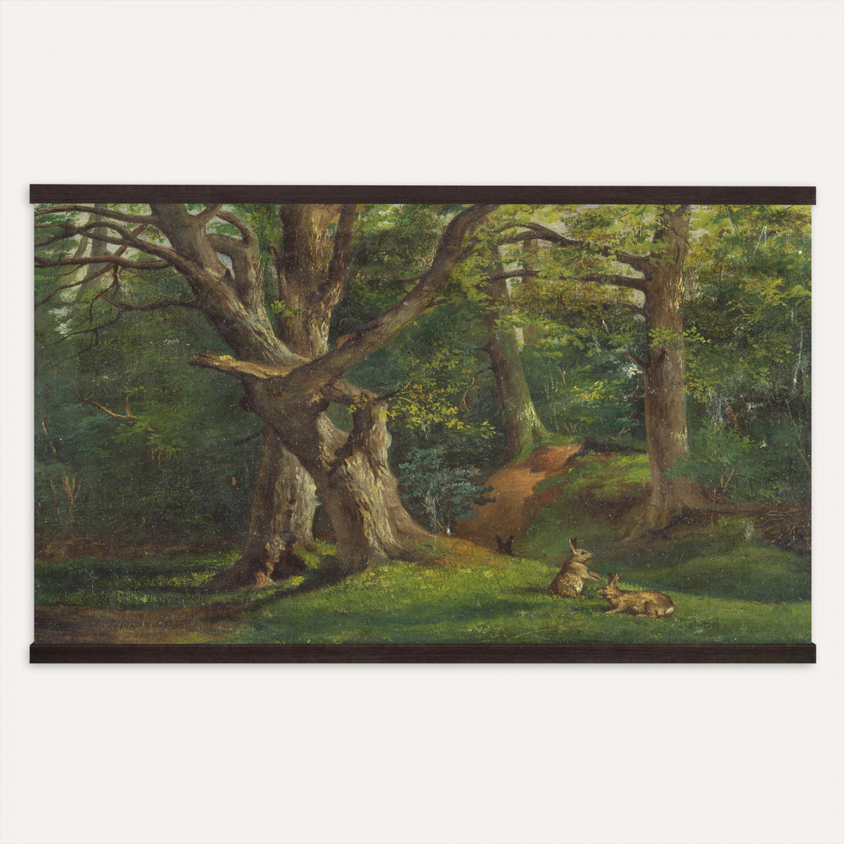86376524-MGV-TP-30X20 - Barbizon oil painting tapestry wall hanging of "By the Brook" by Xavier De Cock, showing a shaded brook winding through dense woodland, with a small hidden figure resting among the trees in dark layered forest greens with warm brown earth and pale water light. Extra large wall art, made in the USA.