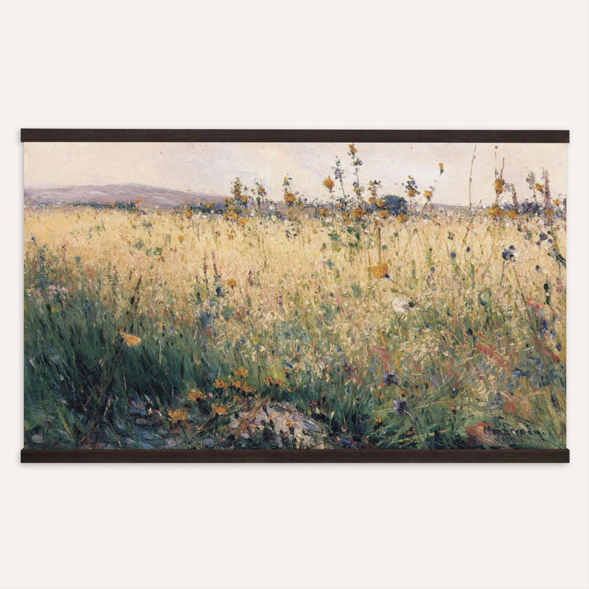 32213014-MGV-TP-30X20 - Tonalism watercolor tapestry wall hanging of "The Babbling Brook" by William Henry Holmes, showing a small brook running through open meadow grass, with soft banks, low shrubs, and a gentle rise beyond in fresh meadow greens with pale blue water and a soft light sky. Extra large wall art, made in the USA.