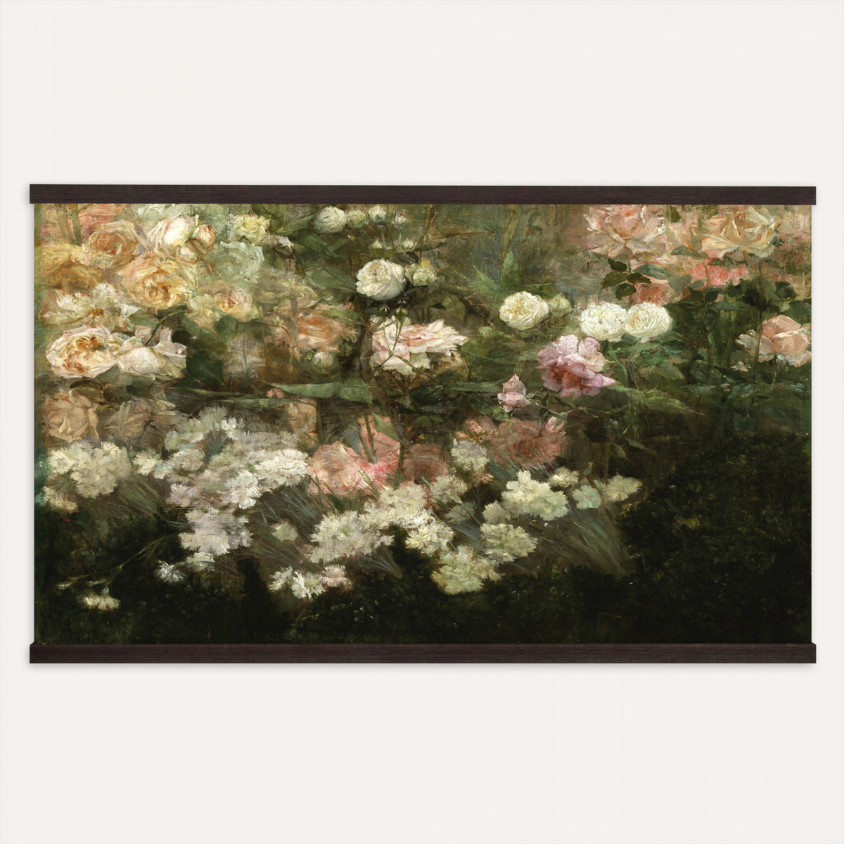 82392202-MGV-TP-30X20 - Post Impressionism oil painting tapestry wall hanging of "White Roses" by Tadeusz Makowski, showing a full bunch of white roses in a simple vase, softly lit against a plain shadowed background in creamy white rose petals and green leaves against a muted warm background. Extra large wall art, made in the USA.