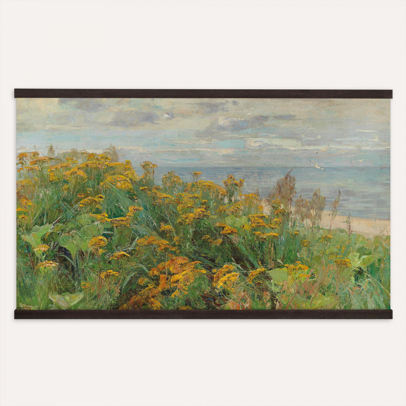 16996210-MGV-TP-30X20 - Impressionism oil painting tapestry wall hanging of "Blumenwiese" by Alexander Koester, showing a thick summer meadow packed with white and yellow wildflowers, tall grasses, and sunlit greenery in white and yellow wildflowers across deep summer green grass. Extra large wall art, made in the USA.