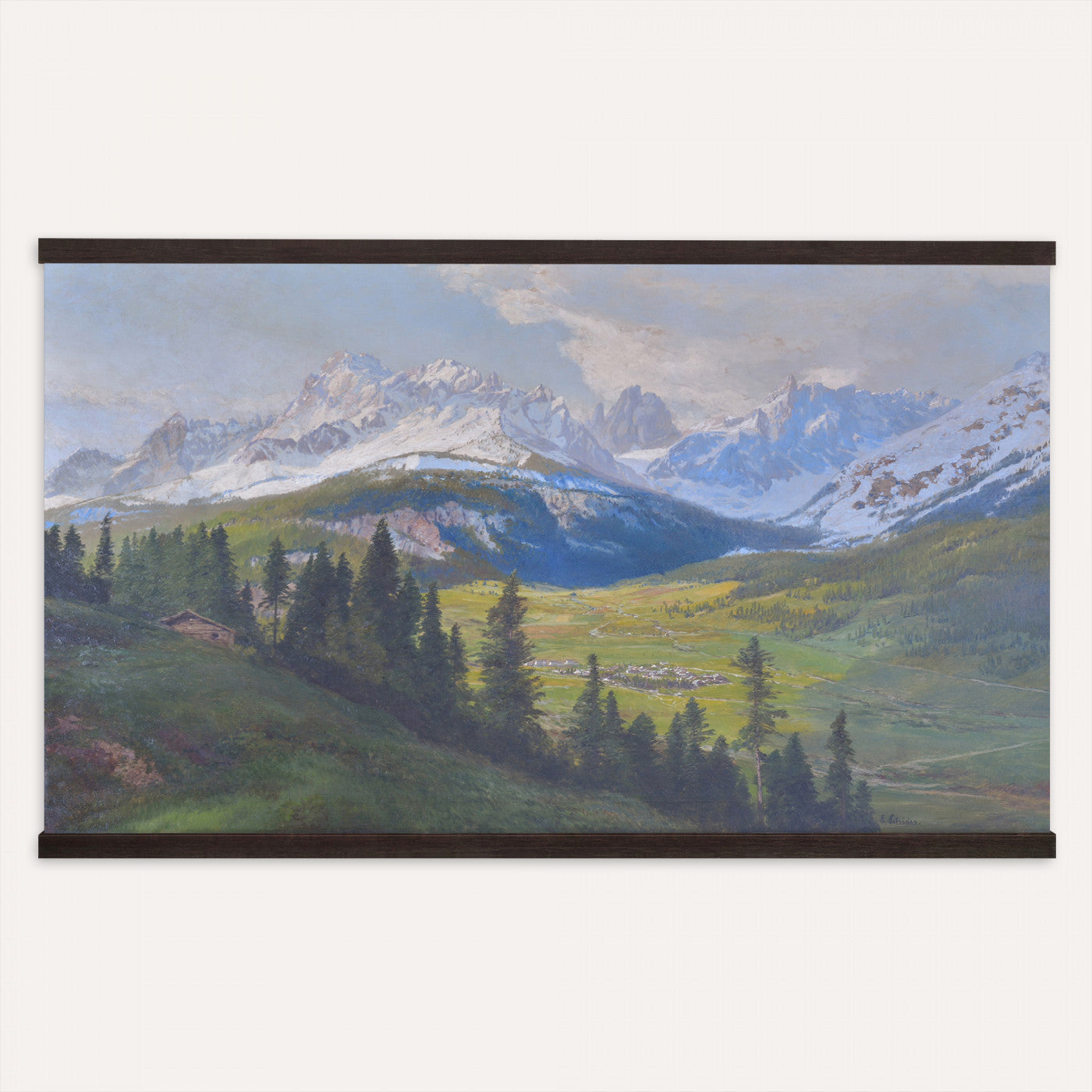 10840888-MGV-TP-30X20 - Romanticism oil study tapestry wall hanging of "A Lake Landscape" by Joseph Selleny, showing a still mountain lake under gathering storm clouds, with steep dark slopes falling straight into the water in deep slate blue water and dark mountain slopes under a heavy grey sky. Extra large wall art, made in the USA.