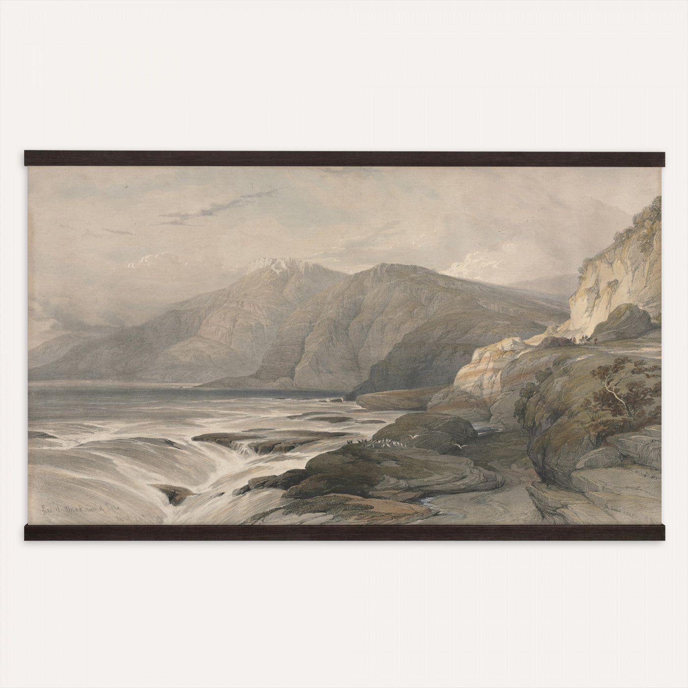 36494221-MGV-TP-30X20 - Realism oil painting tapestry wall hanging of "Stormy Sea" by Alfred Jensen, showing heavy breaking waves rolling under a dark storm sky, with white foam catching the last light on the water in deep grey-green waves with white foam under a heavy storm sky. Extra large wall art, made in the USA.