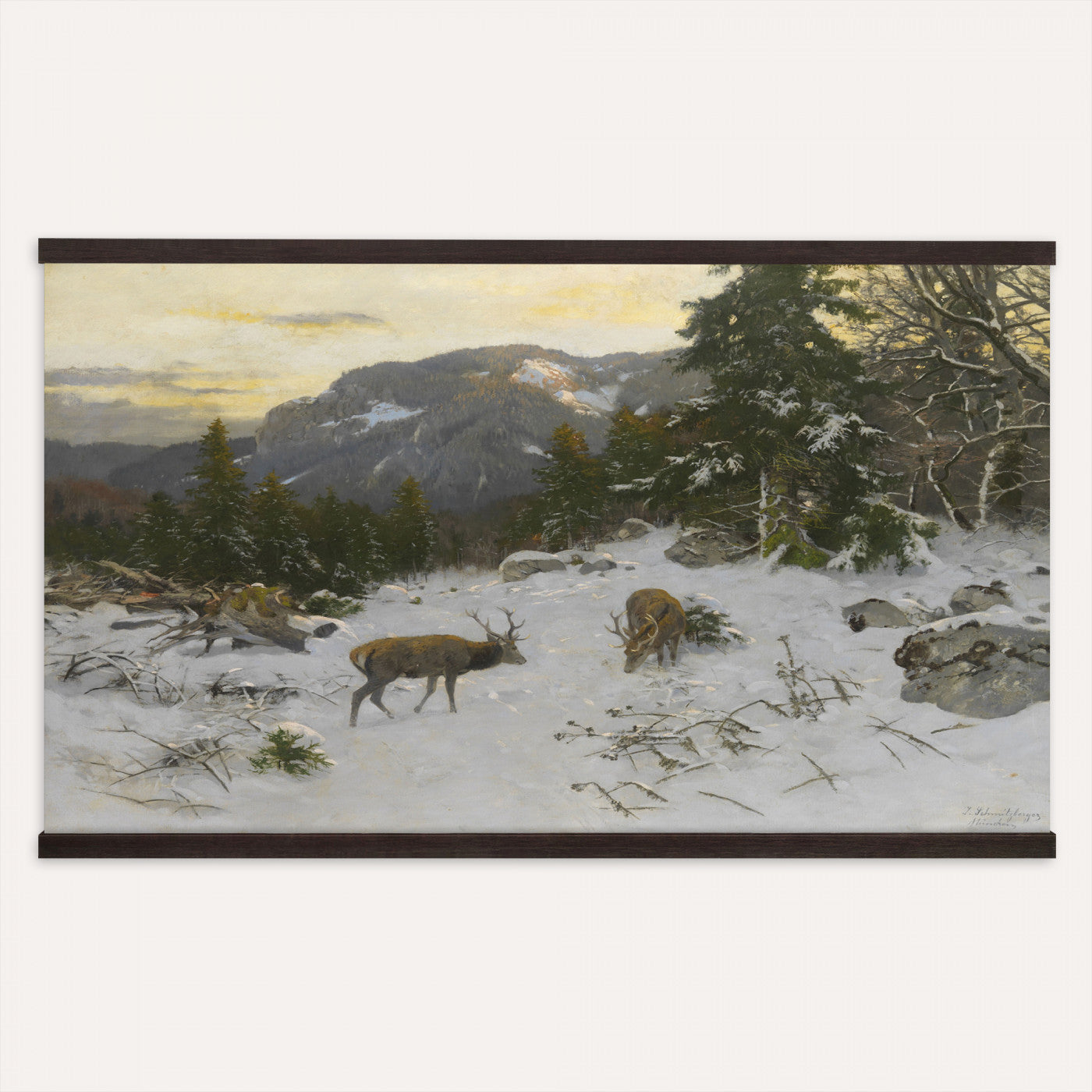 88363585-MGV-TP-30X20 - Realism oil painting tapestry wall hanging of "Rotwild" by Franz Xaver von Pausinger, showing a herd of red deer resting in a quiet clearing, tall grasses, and dark forest edges fading into soft light in warm russet deer coats against deep forest green and golden grass. Extra large wall art, made in the USA.