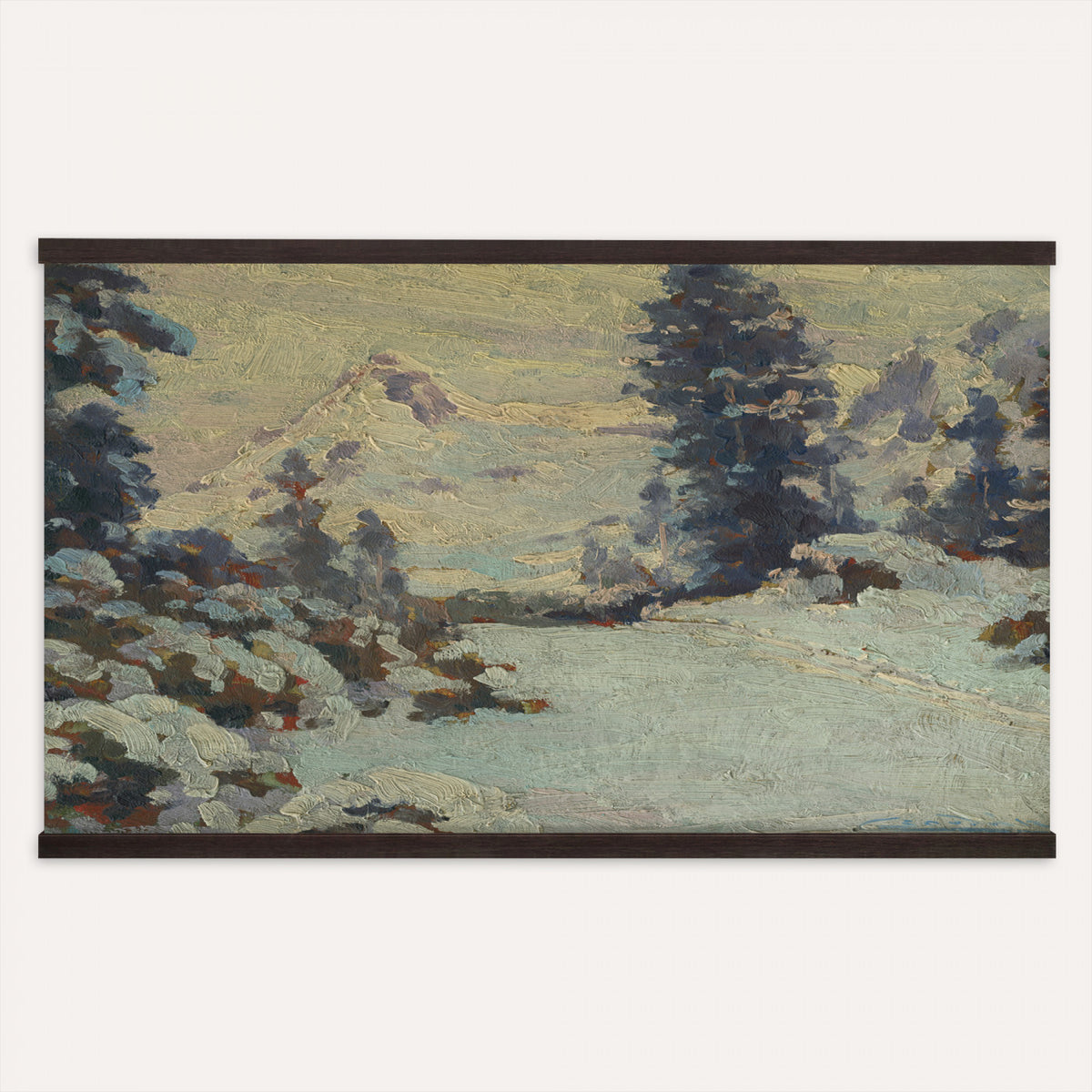 66869729-MGV-TP-30X20 - Realism oil painting tapestry wall hanging of "An Evening in March" by Charlotte Wahlstrom, showing bare late-winter trees along a still river, patches of melting snow, and a low golden evening light on the horizon in cool blue snow shadows against a warm amber sunset sky. Extra large wall art, made in the USA.