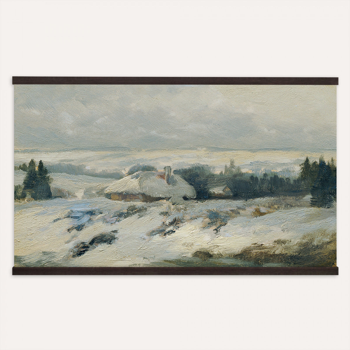 95240376-MGV-TP-30X20 - Realism oil painting tapestry wall hanging of "Bohmisch-Mahrische Hohe" by Ferdinand Engelmuller, showing a snow-covered highland village with low cottages, bare trees, and deep drifts stretching toward pale winter hills in cool white snow with warm ochre cottage walls under a pale winter sky. Extra large wall art, made in the USA.