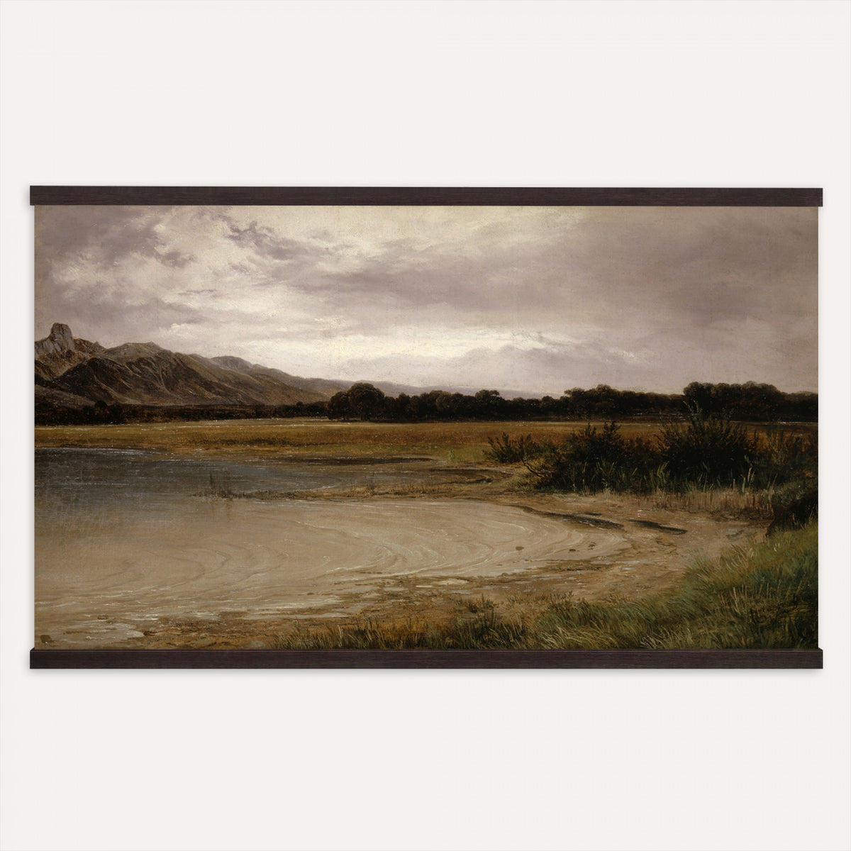 59141025-MGV-TP-30X20 - Romanticism oil study tapestry wall hanging of "A Lake Landscape" by Joseph Selleny, showing a still mountain lake under gathering storm clouds, with steep dark slopes falling straight into the water in deep slate blue water and dark mountain slopes under a heavy grey sky. Extra large wall art, made in the USA.