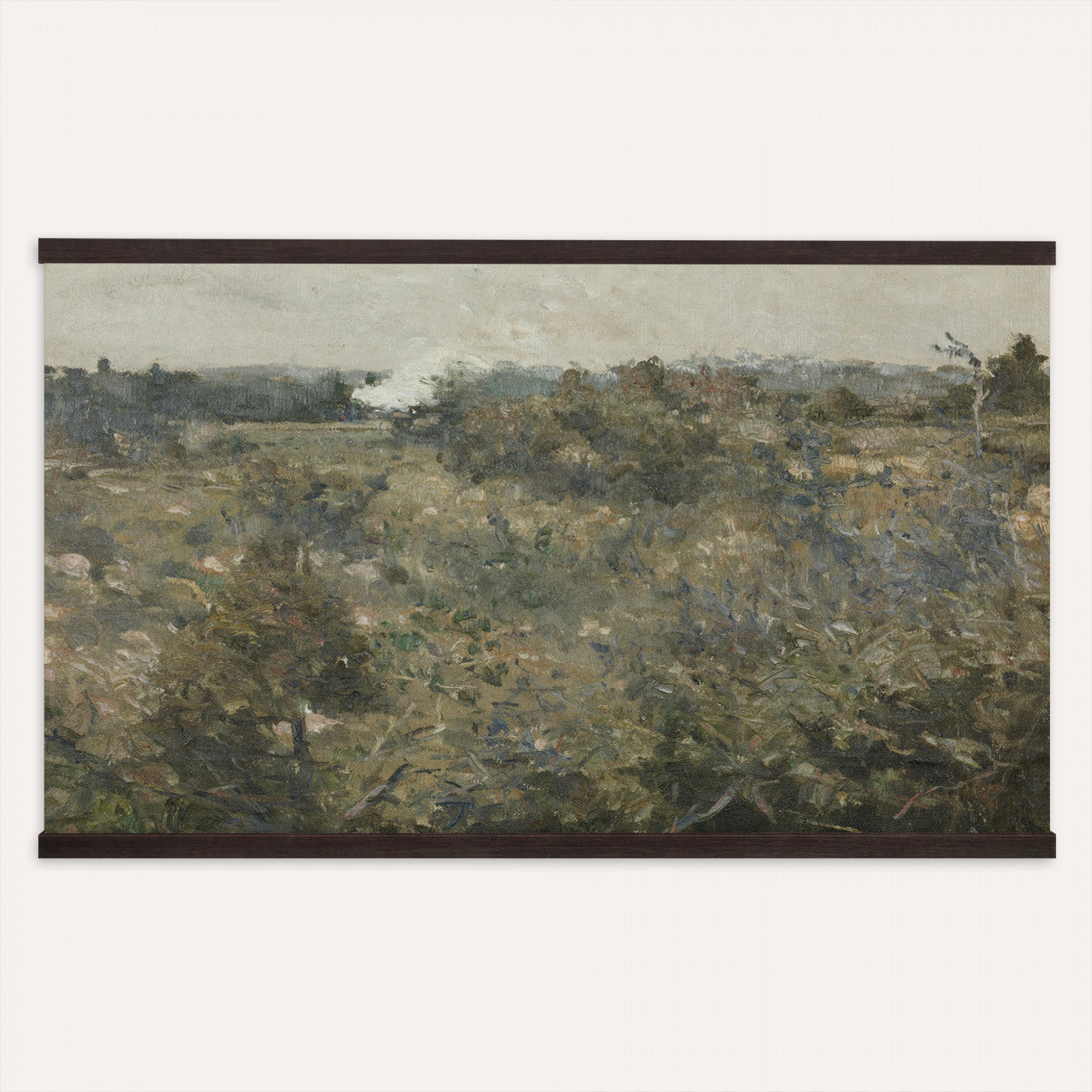 17414183-MGV-TP-30X20 - Realism oil study tapestry wall hanging of "Landscape Study at Grez-sur-Loing" by Frans Van Leemputten, showing an open field study at Grez-sur-Loing, with loose brushwork across low crops, hedgerows, and a soft French sky in soft field greens and warm earth tones under a pale washed sky. Extra large wall art, made in the USA.