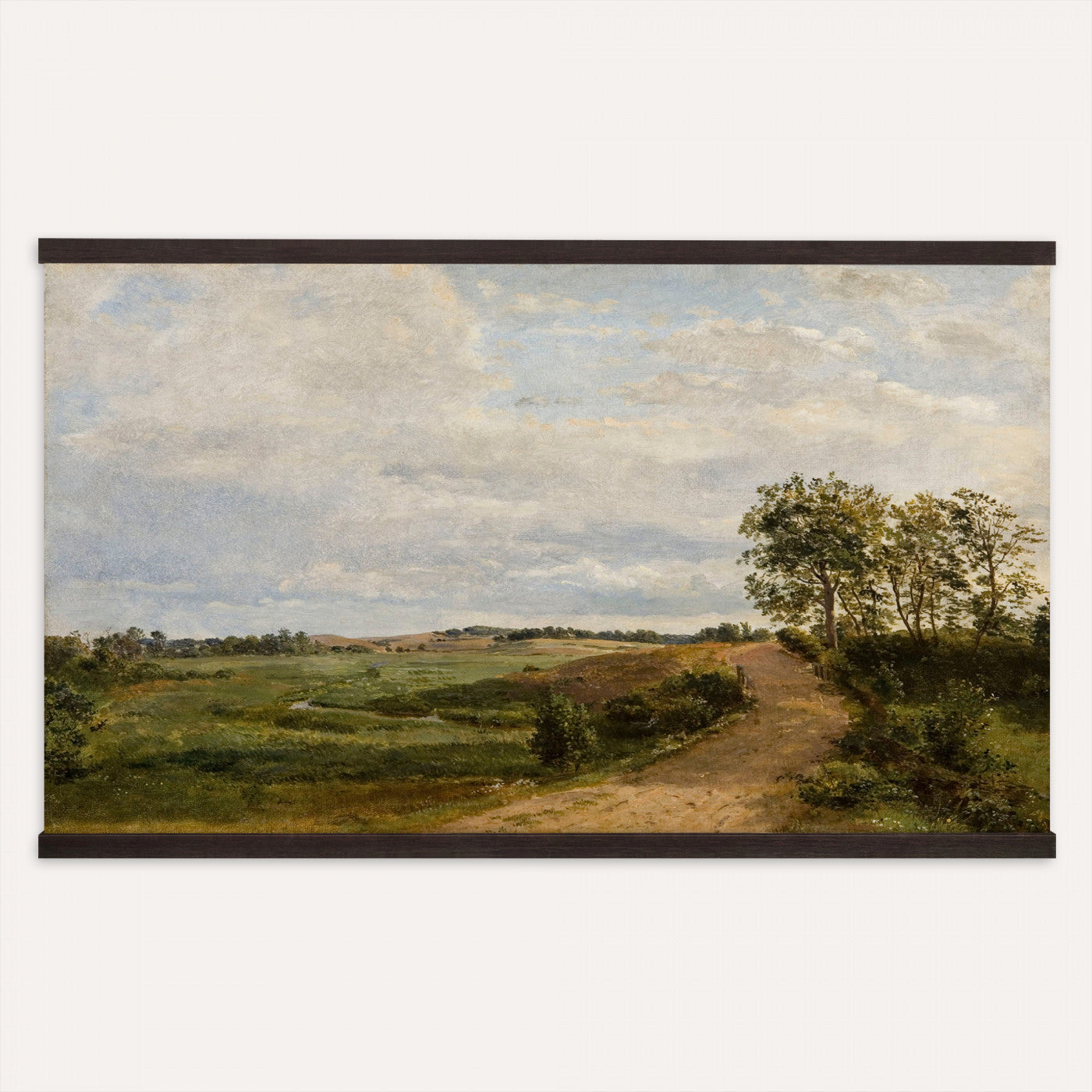 53363268-MGV-TP-30X20 - Realism oil study tapestry wall hanging of "Road across the Hills, Study" by Dankvart Dreyer, showing a bare country road climbing across open hills, with low scrub, worn ruts, and a wide Danish sky above in warm sandy road tones and dry hill greens under a pale wide sky. Extra large wall art, made in the USA.