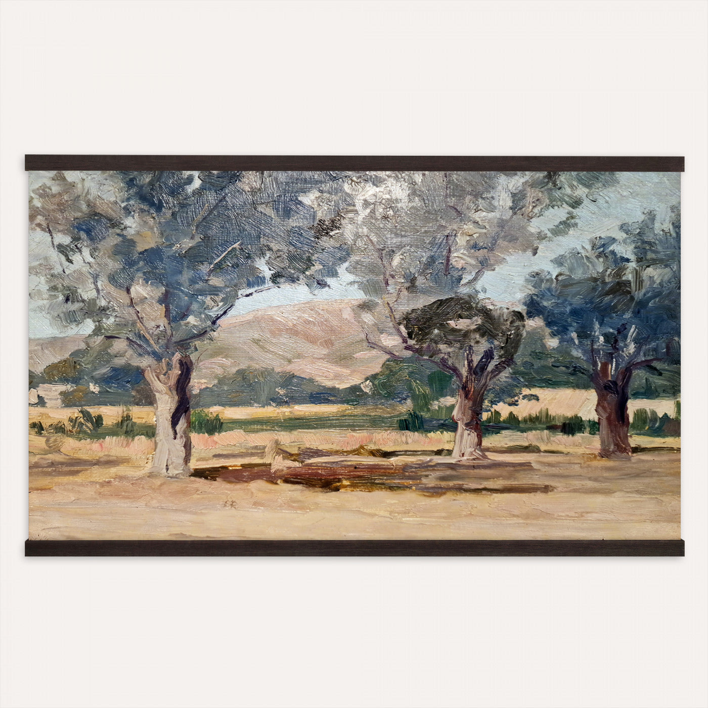 38071069-MGV-TP-30X20 - Impressionism oil painting tapestry wall hanging of "Landscape" by Jane Sutherland, showing a sunlit open field, dry golden grasses, and slender eucalyptus trees leaning under a bright southern sky in warm golden field tones with soft sage-green eucalyptus foliage. Extra large wall art, made in the USA.