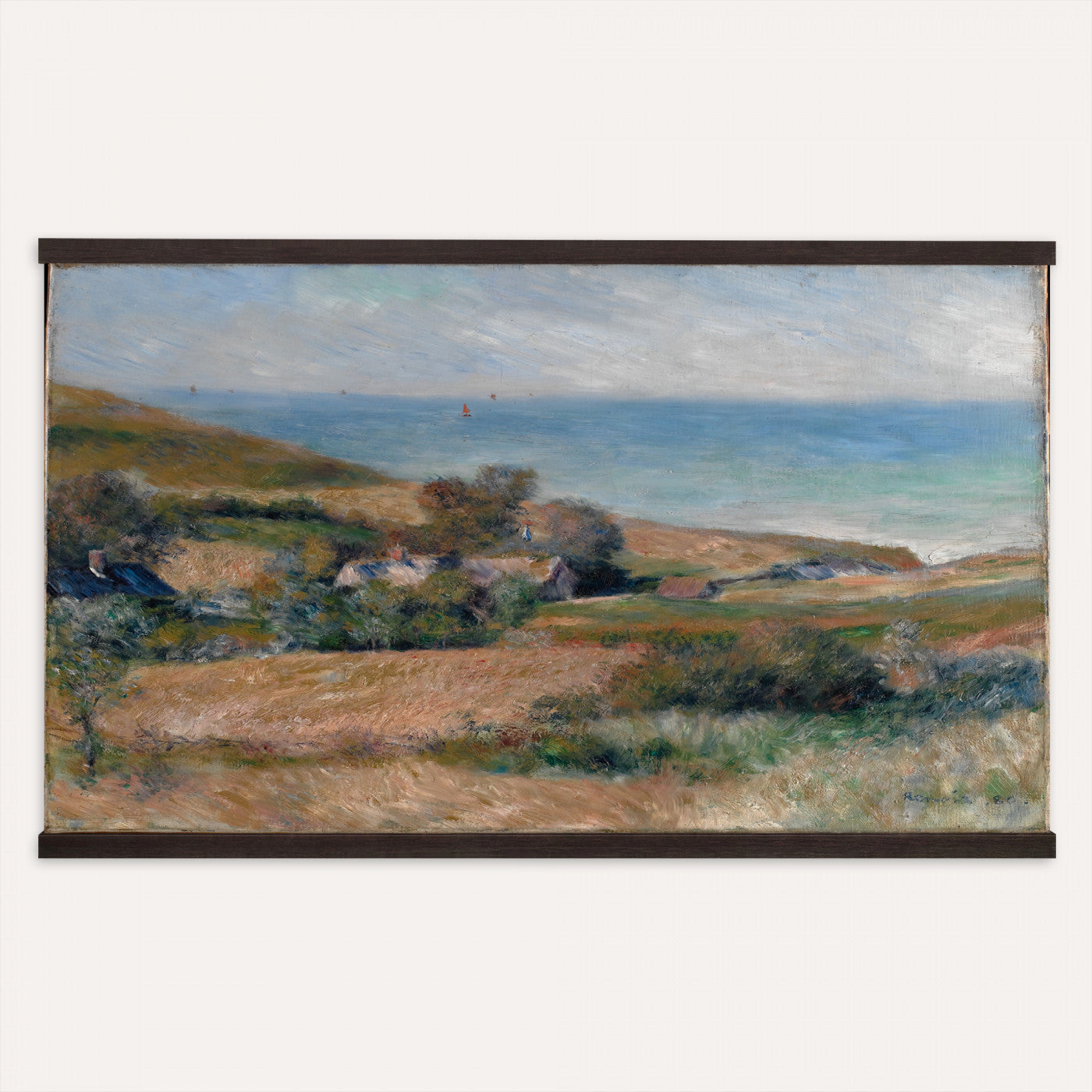 65714584-MGV-TP-30X20 - Impressionism oil painting tapestry wall hanging of "View of the Seacoast near Wargemont in Normandy" by Pierre-Auguste Renoir, showing green Normandy cliffs rolling down to a bright sea, with scattered shrubs and a light-filled summer sky in fresh greens and soft blues with warm sunlit highlights. Extra large wall art, made in the USA.