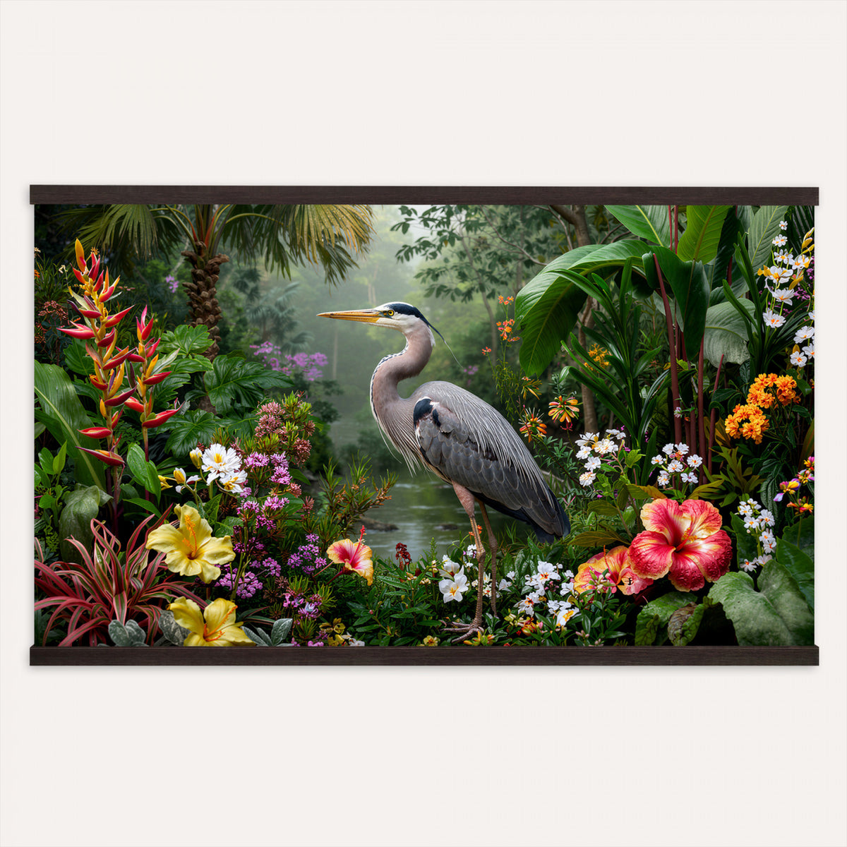 82504330-MGV-TP-30X20 - Botanical botanical illustration tapestry wall hanging of "Great Blue Heron in the Jungle", showing a great blue heron standing among hibiscus blooms, palm fronds and dense tropical foliage in deep jungle greens with red hibiscus and soft blue heron plumage. Extra large wall art, made in the USA.