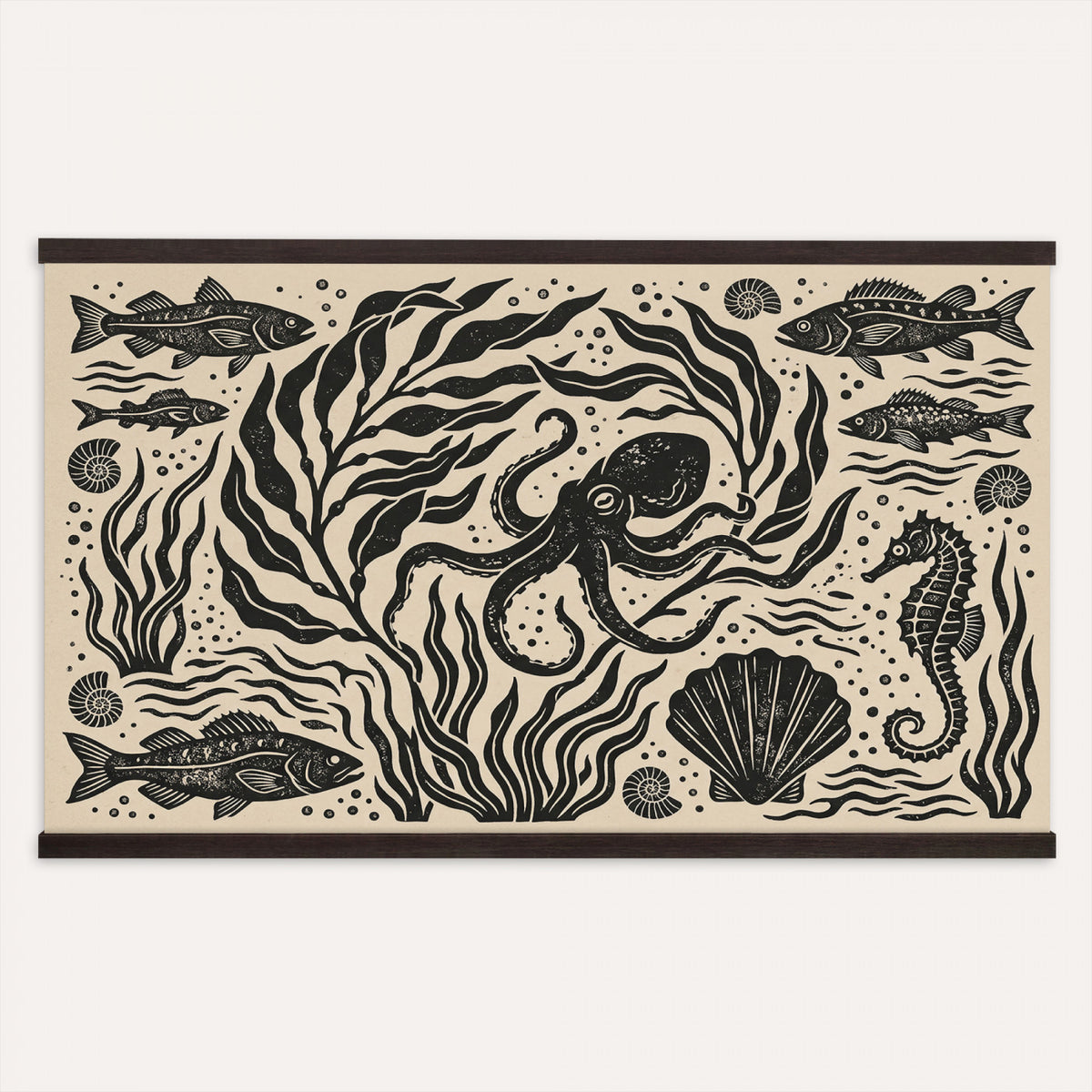 75988079-MGV-TP-30X20 - Folk Art linocut print tapestry wall hanging of "Ocean Life Panel", showing an octopus, seahorses, shells and curling waves cut into bold black and white folk art shapes in bold black linocut shapes on a cream ground. Extra large wall art, made in the USA.