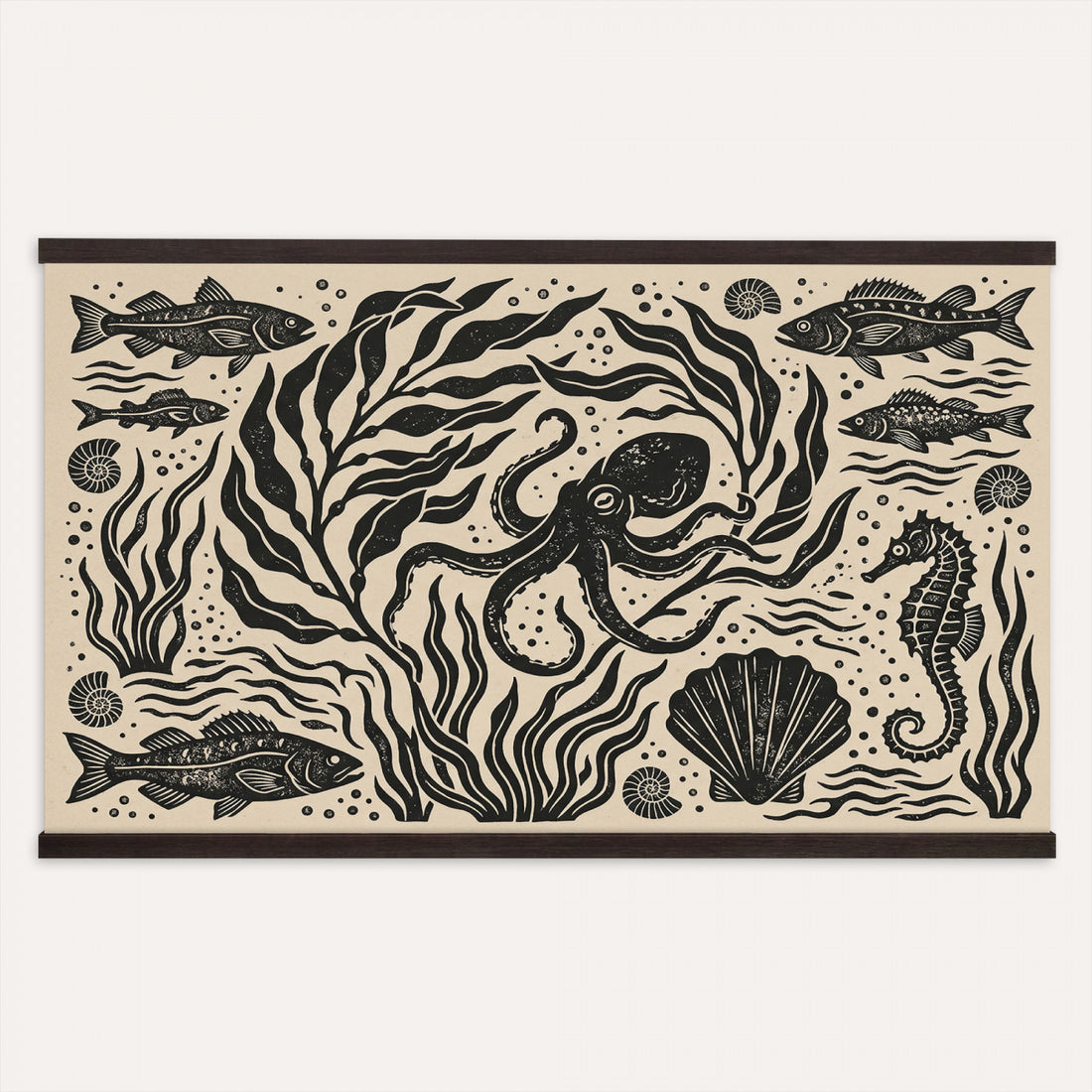 Ocean Life Panel Tapestry Wall Art, Antique Folk Art Octopus Blanket, Extra Large Beach House Decor Gift