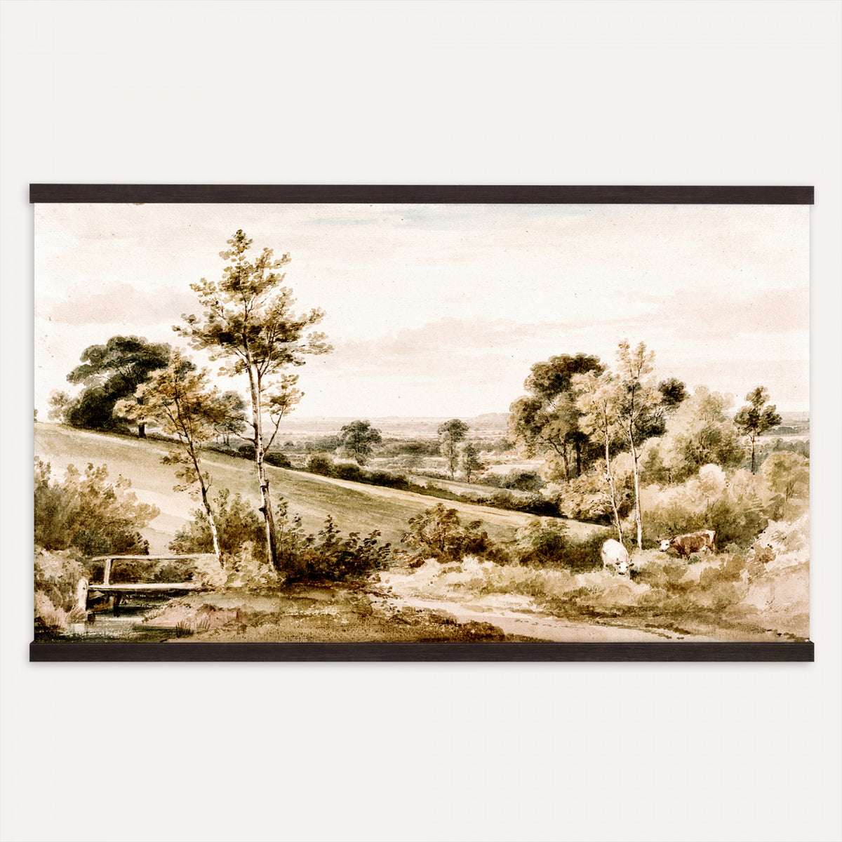 49470375-MGV-TP-30X20 - Romanticism watercolor tapestry wall hanging of "Little Bushey, Hertfordshire" by Henry Edridge, showing cows grazing beside a small stone bridge in open English pasture under a soft pale sky in soft green pasture tones with warm brown cattle under a pale sky. Extra large wall art, made in the USA.